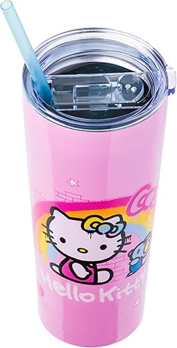 Miniatura 3 de Silver Buffalo Sanrio Hello Kitty Graffiti - Vaso de acero inoxidable de doble pared con popote con Hello Kitty y Joey, 22 onzas