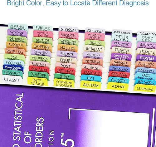 Vista 11 de Pestañas DSM-5-TR, pestañas de índice para DSM-V-TR 2022, codificadas por colores y laminadas, 100 pestañas en total, con guía de alineación