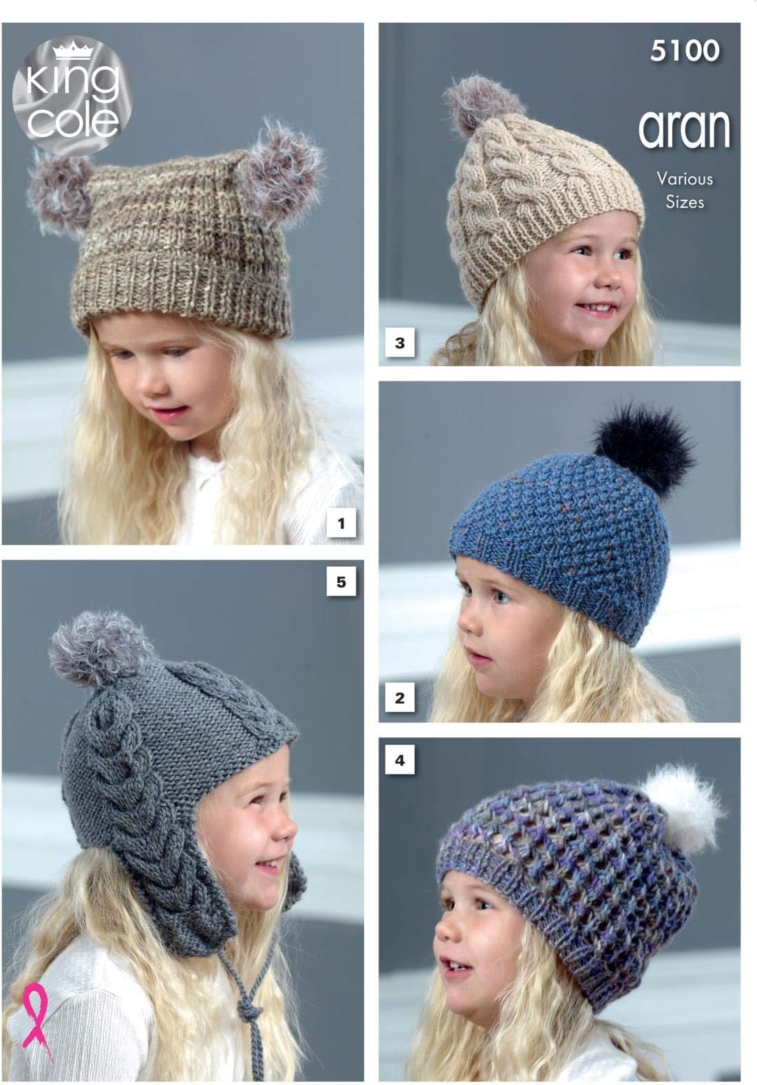 King Cole5100 Knitting Pattern Childrens Hats in King Cole Merino Blend Aran and Fashion Aran