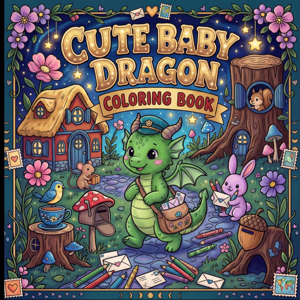 Cute Baby Dragon Coloring Book: A Cozy Fantasy Coloring Book with Adorable Dragons, Magical Gardens, Woodland Friends, Fairy Cottages & Whimsical Adventures