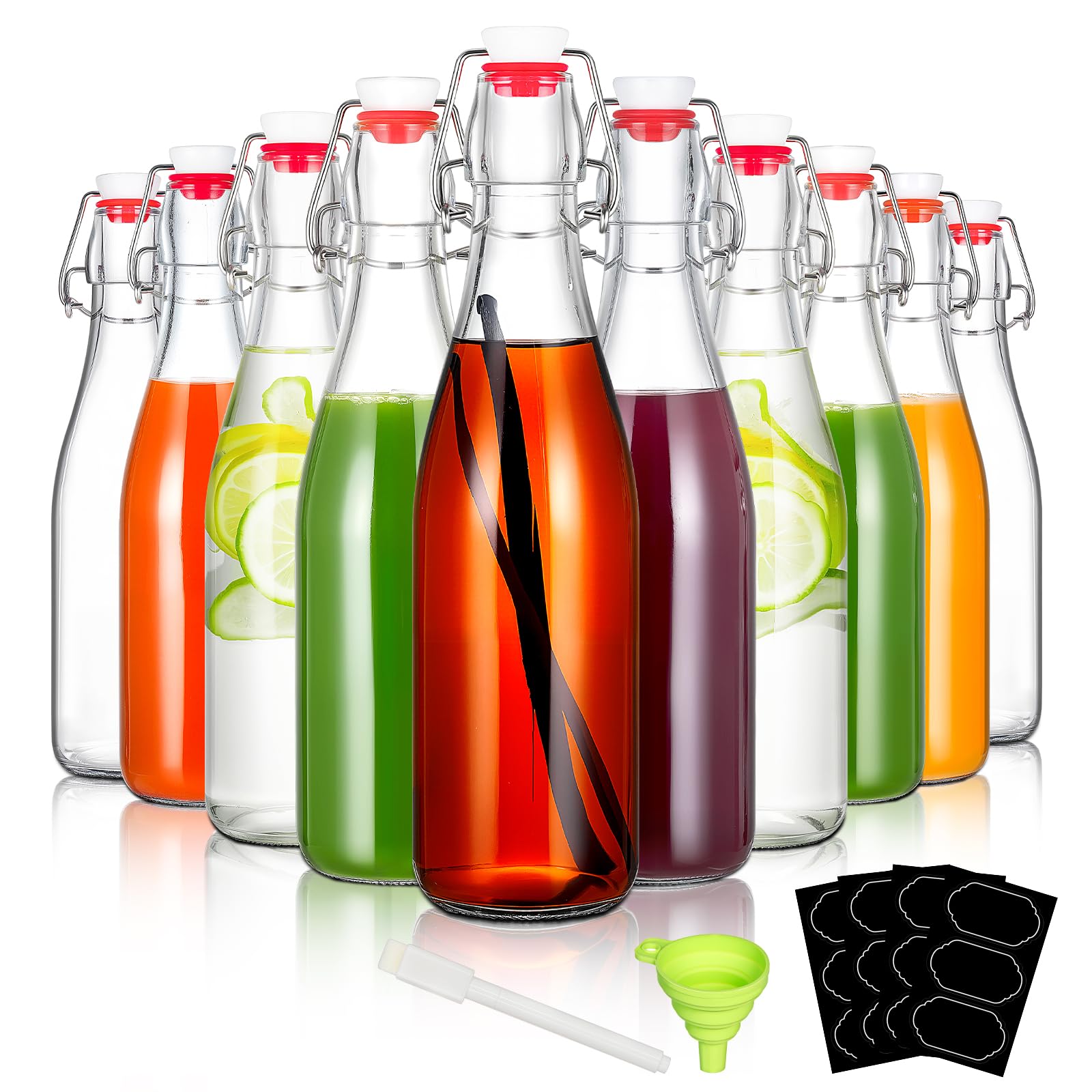 YEBODA 12 oz Clear Swing Top Glass Bottles with Airtight Lids, 10 Pack