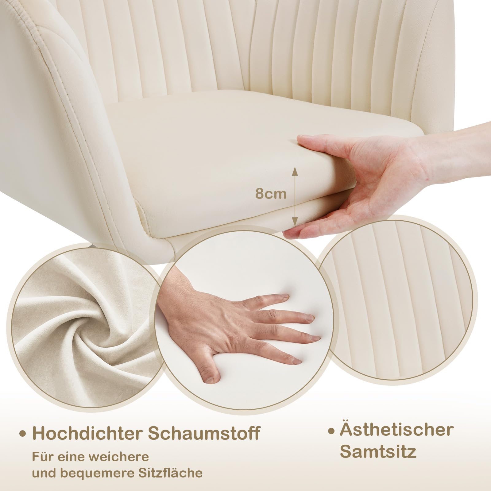 WOLTU Schreibtischstuhl, Bürostuhl ergonomisch, Homeoffice Stuhl höhenverstellbar, Schminkstuhl mit Armlehnen, Drehstuhl mit Rollen, Samt Stuhl Metallrahmen, 150 kg belastbar, Beige