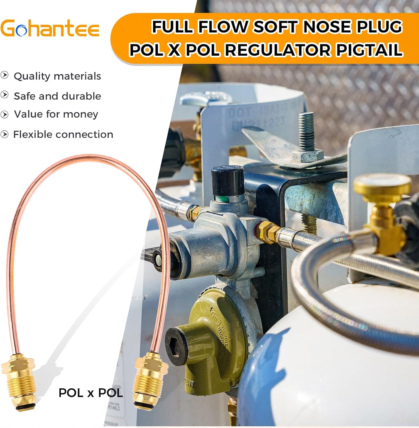 gohantee High Flow Copper Propane Gas Pigtail POL x POL 7/8" HEX - 15 Inch Propane Regulator Copper Pigtail