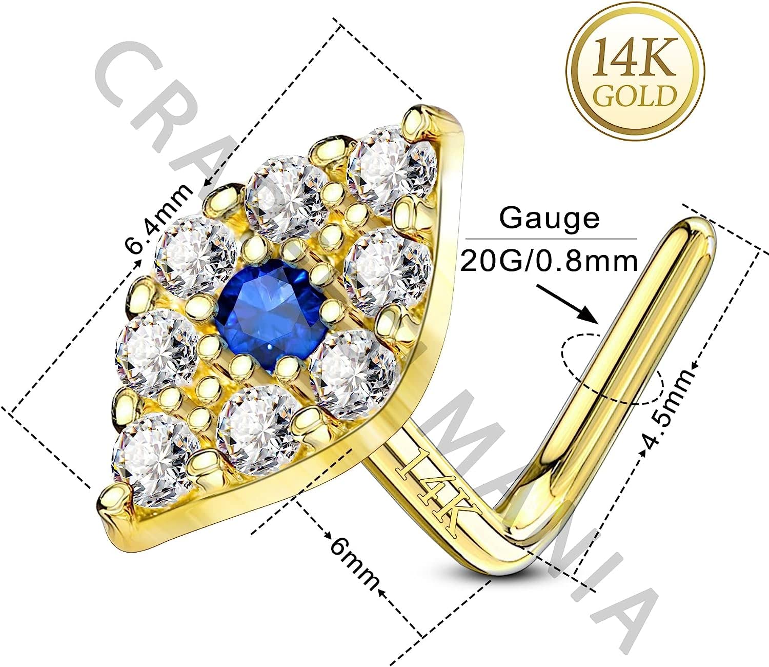 CM Crareesi Mania Piercing de nariz de oro de 14 quilates, calibre 20, ojo EviL de 14 quilates, oro macizo de 14 quilates, aretes de nariz en forma de L, juego de puntas para piercing de nariz,