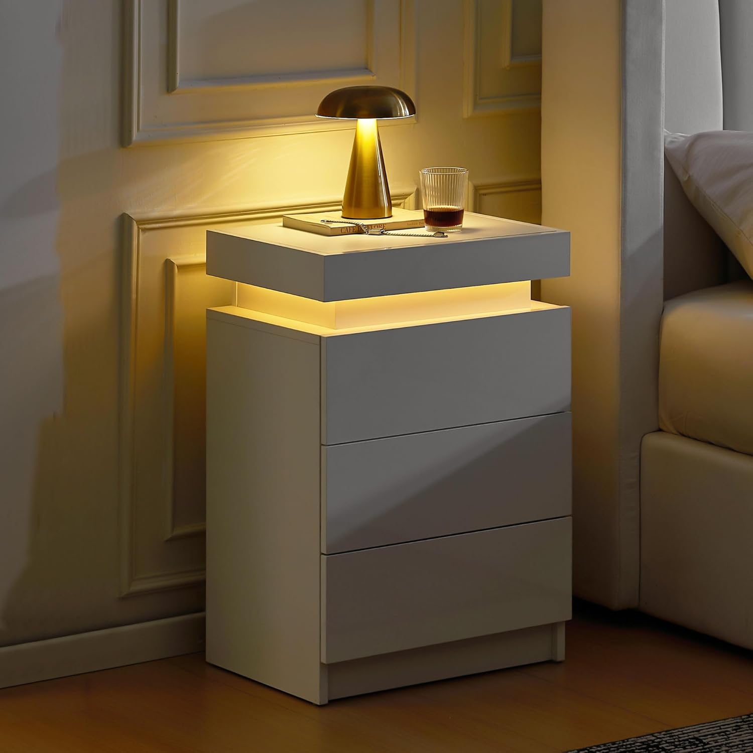CLIPOP Modern Nightstand, LED Night Stand with 3 High Gloss Chest of Drawers, Bedside Table Cabinet with Remote Control Lights, Wood Matte Nightstand 21.6" Tall Bedroom Furniture, White