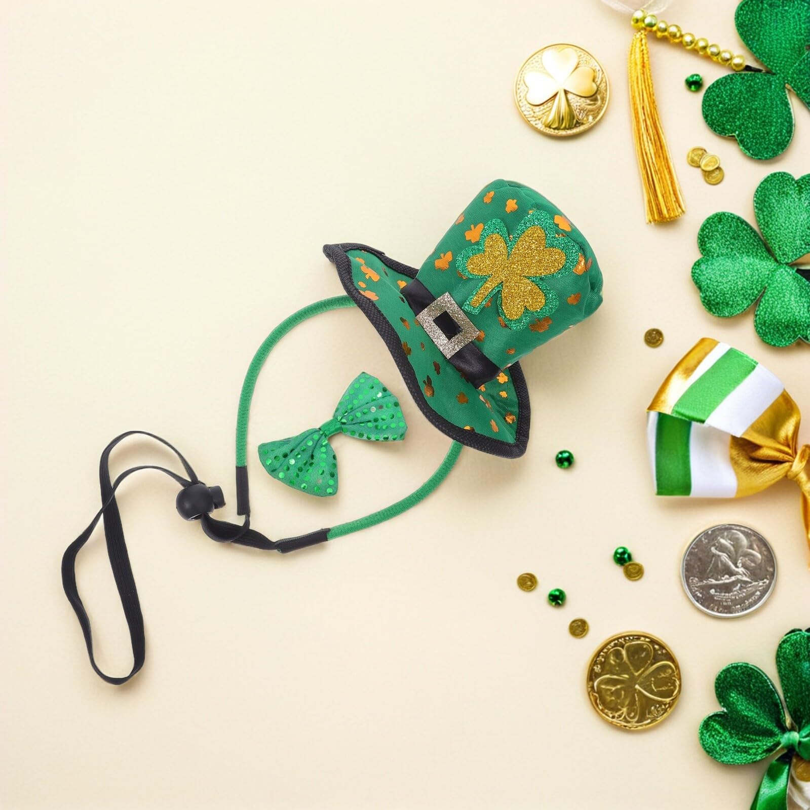 Serrage-tête Saint-patrick 2 Pièces Chapeau Haut-de-forme Vert Trèfle et Nœud Léger Confortable pour Fête Irlandaise, Accessoires Costume Festival, Bandeau Décoratif pour