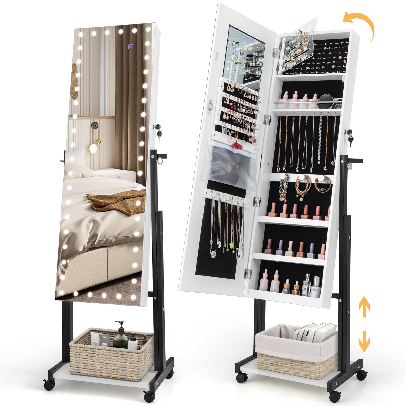 RELAX4LIFE Armoire à Bijoux sur Pied à Roues, Miroir Rangement Bijoux avec LED 3 Couleurs, Hauteurs & Angles Réglables, Étagère Inférieure, Meuble Bijoux pour Chambre Dressing(Blanc)