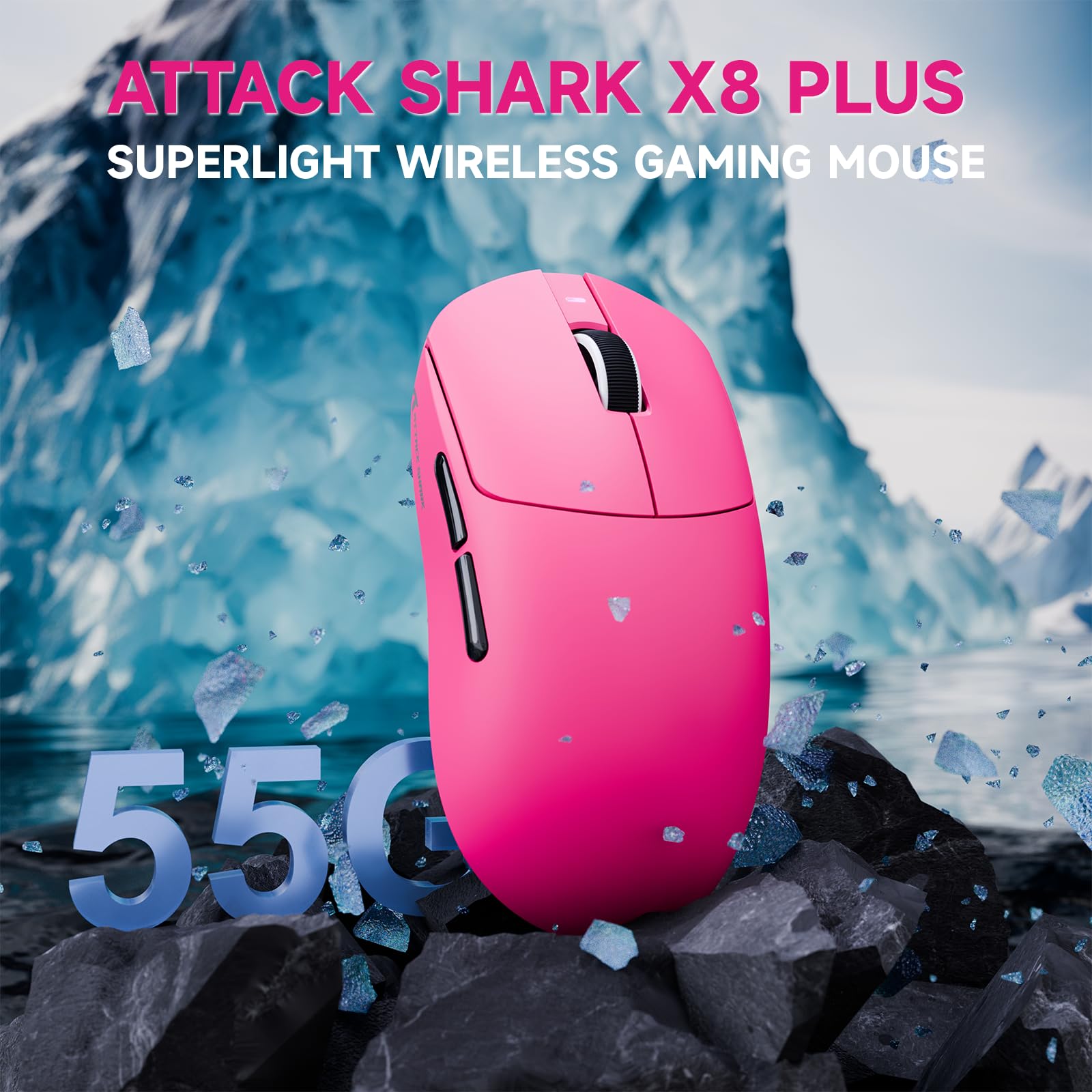 MAMBASNAKE ATTACK SHARK X8PLUS Mouse da Gioco Wireless, Sensore PixArt PAW3395PRO, 40000 DPI, BT/2.4G/Cablato, Mouse Superleggero da 55g, Piedini in PTFE a Doppio Strato, per PC/Xbox/Mac (Rosso Berry)