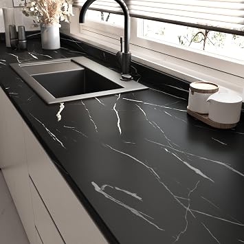 Wallercity Matte Black Marble Contact Paper for Table Top Peel and Stick Marble Wallpaper Self Adhesive Waterproof Kitchen Black Contact Paper 15.8x118 Vinyl Wall Paper for Cabinets Shelf Liner