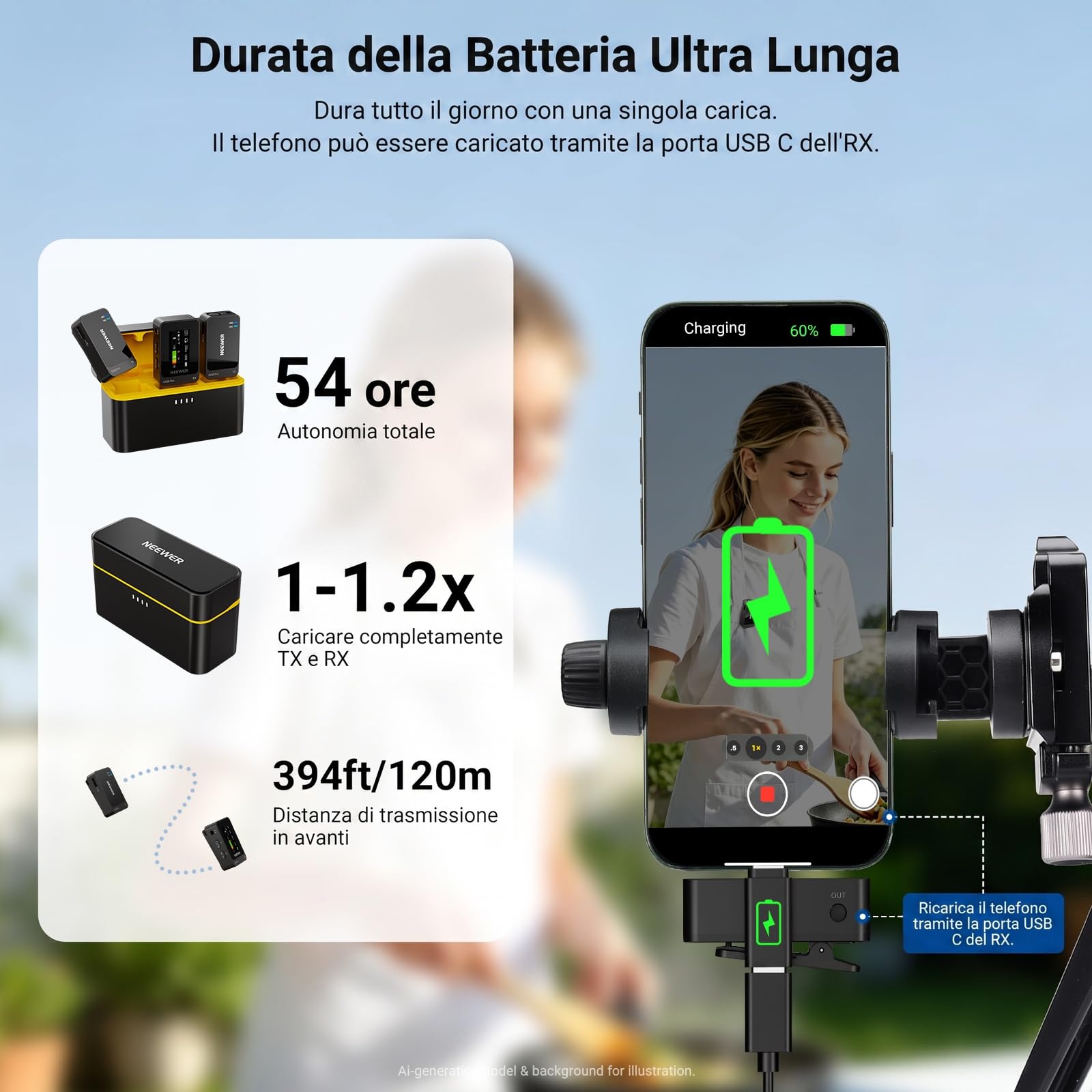 NEEWER CM 26 MAX Microfono Lavalier Wireless AI Compatibile con iPhone 17 16 15 Android Fotocamera PC, USB C Plug e Play, Controllo App, 2 Livelli di Anti Rumore, 50 Ore 120m,Certificazione Apple MFi