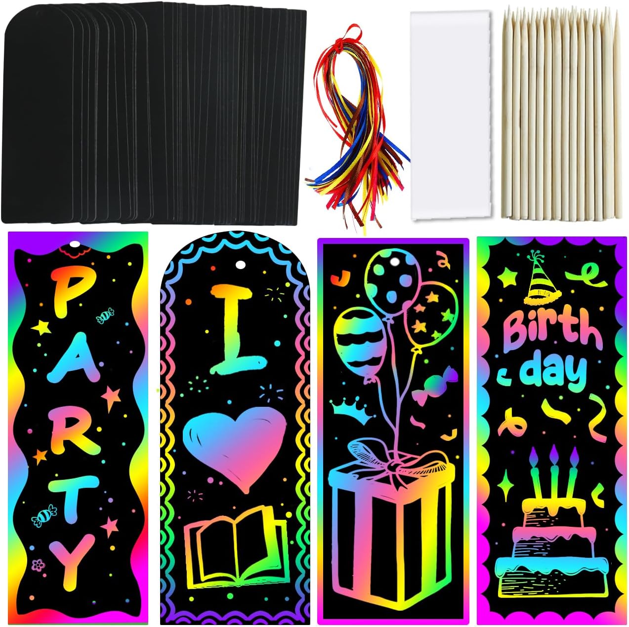 Scratch Paper Art Bookmarks Kids: 36 Set Magic Rainbow DIY Art Craft Paper Bookmark Gift Tag Party Favor Goodie Bags Stuffers Pack Activity Bulk Making Kit for Boys Girls Birthday Game Classroom