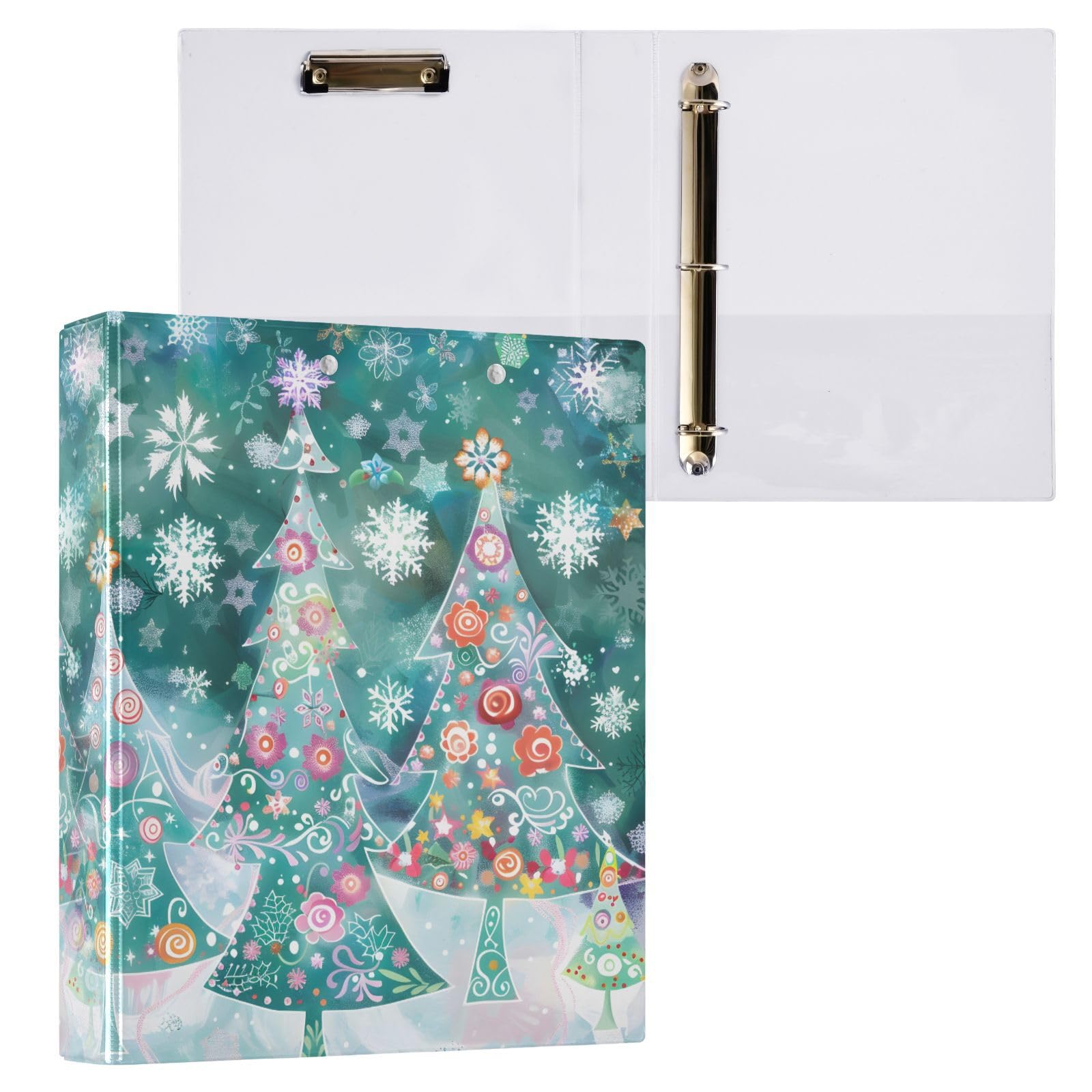 Classeur à 3 anneaux pour arbres de Noël, flocons de neige, 3,8 cm, classeur à trois anneaux avec porte-bloc pour papier de 21,6 x 27,9 cm, 3 poches intérieures transparentes en PVC pour fournitures