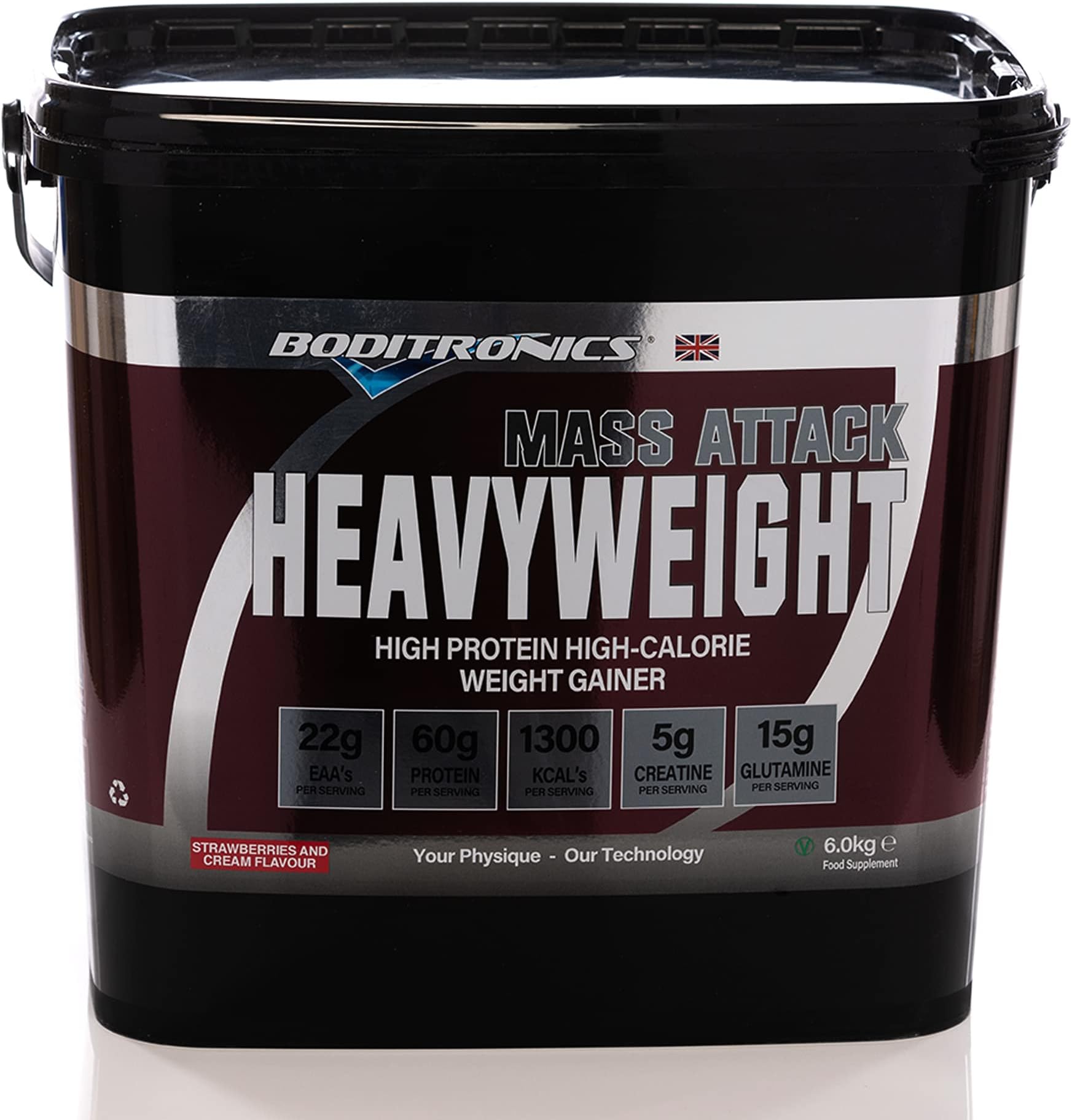 Boditronics Mass Attack Heavyweight Mass Gainer Powder for High Protein and High-Calorie Weight Gainer Protein Powder with 5g Creatine, BCAA, Glutamine and Beta Alanine (Strawberries and Cream)