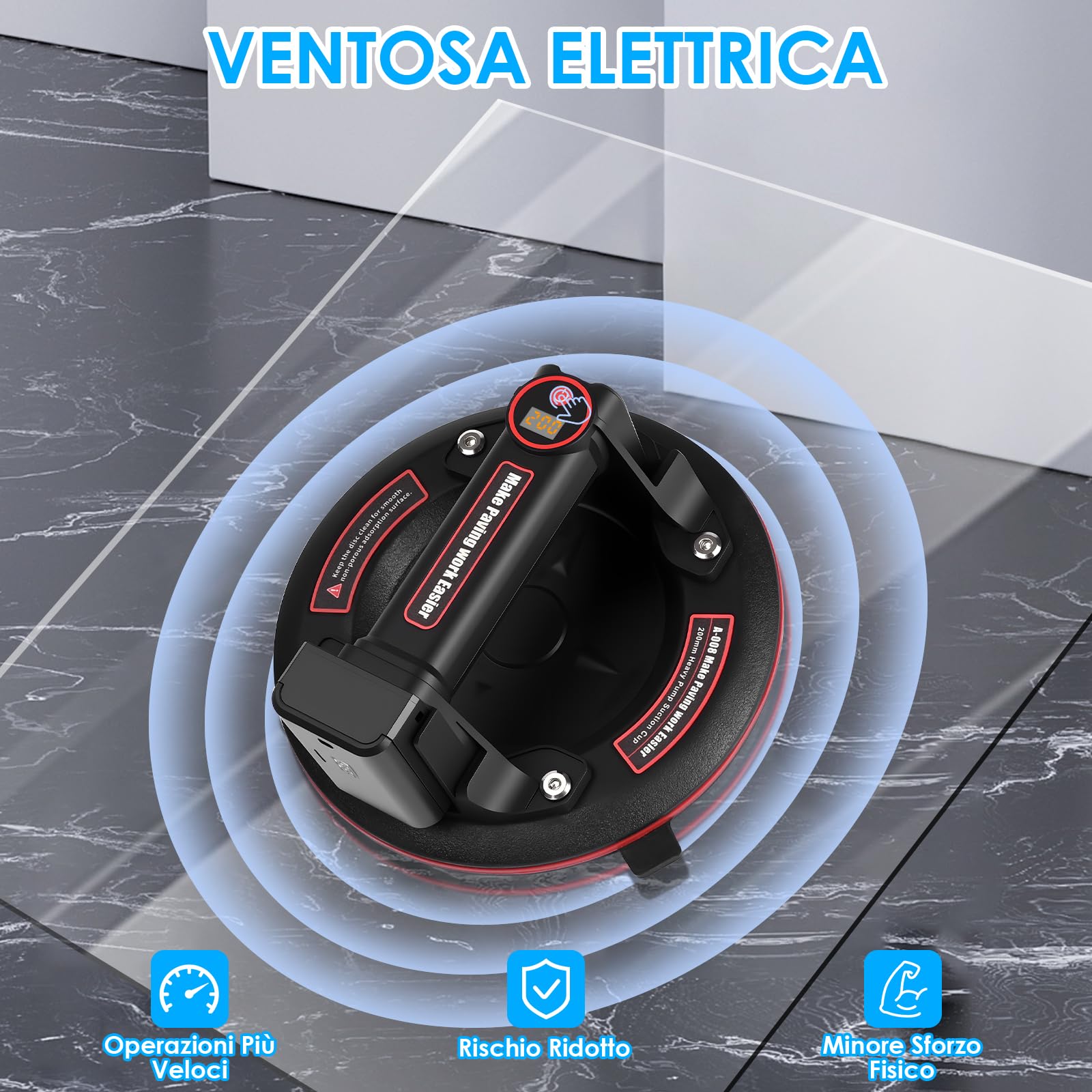 Ventosa per Piastrelle con 3000mAh Batteria, 8" Ventose Capacità Elettrico di Carico Max. 200 kg, Ricaricabile, Ventosa con Scatola di Trasporto per Vetro, Piastrelle, Marmo