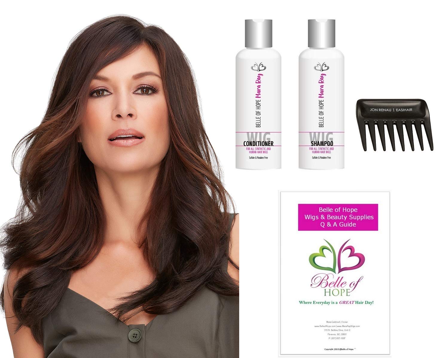 Top Full 18 inch - Hand Tied Double Mono Synthetic Clip-In Hair Piece by Jon Renau, Wide Tooth Comb, Mara Ray 4oz Luxury Shamp & Cond,19 Page Belle of Hope Care Booklet (5pc Bundle) (1B)