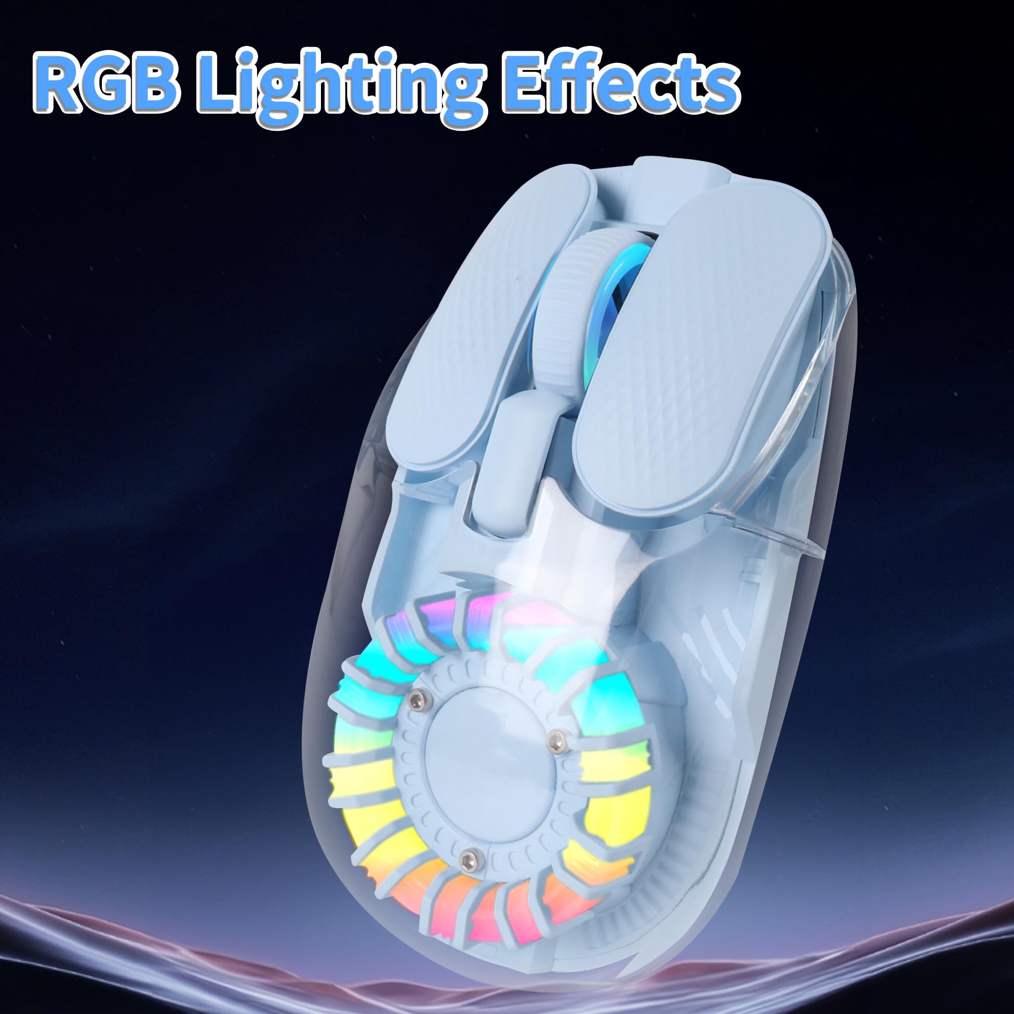 LIKE SHOW Mouse Bluetooth senza fili con ricevitore Nano USB, Tri-Mode (BT5.1+ BT5.1 + 2.4 GHz), mouse wireless silenzioso ricaricabile, copertura trasparente, mouse RGB per laptop, PC, iPad, Mac, blu