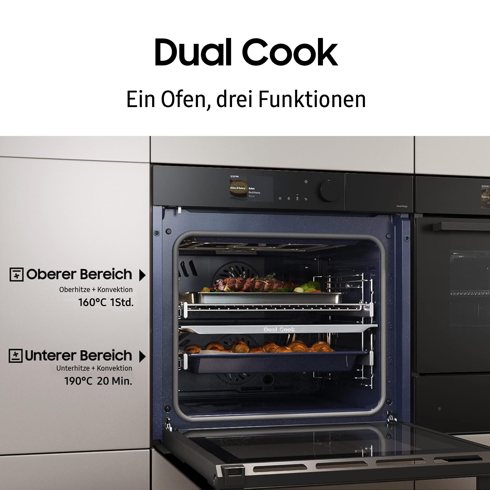 Samsung NV7B7997ADK/U1 Dual Cook Einbaubackofen, Dampfgaren mit 700-ml-Wassertank, 76 l, Pyrolytische Selbstreinigung, Automatische Türöffnung, Kamera, SmartThings Cooking, Air Fry, Schwarzes Glas
