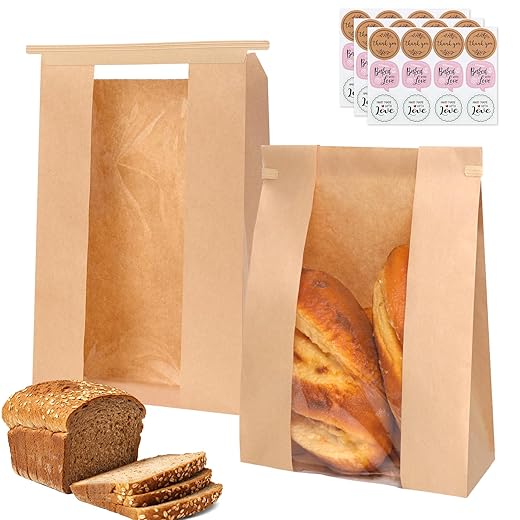 Moretoes 20-Pack Paper Bread Bags for Homemade Baked Goods, 13.7x8.3x3.5 Inches, Bakery Bags with Tin-Tie Tab and Clear Front Window, Includes 36 Label Seal Stickers for Baked Food Packaging Storage