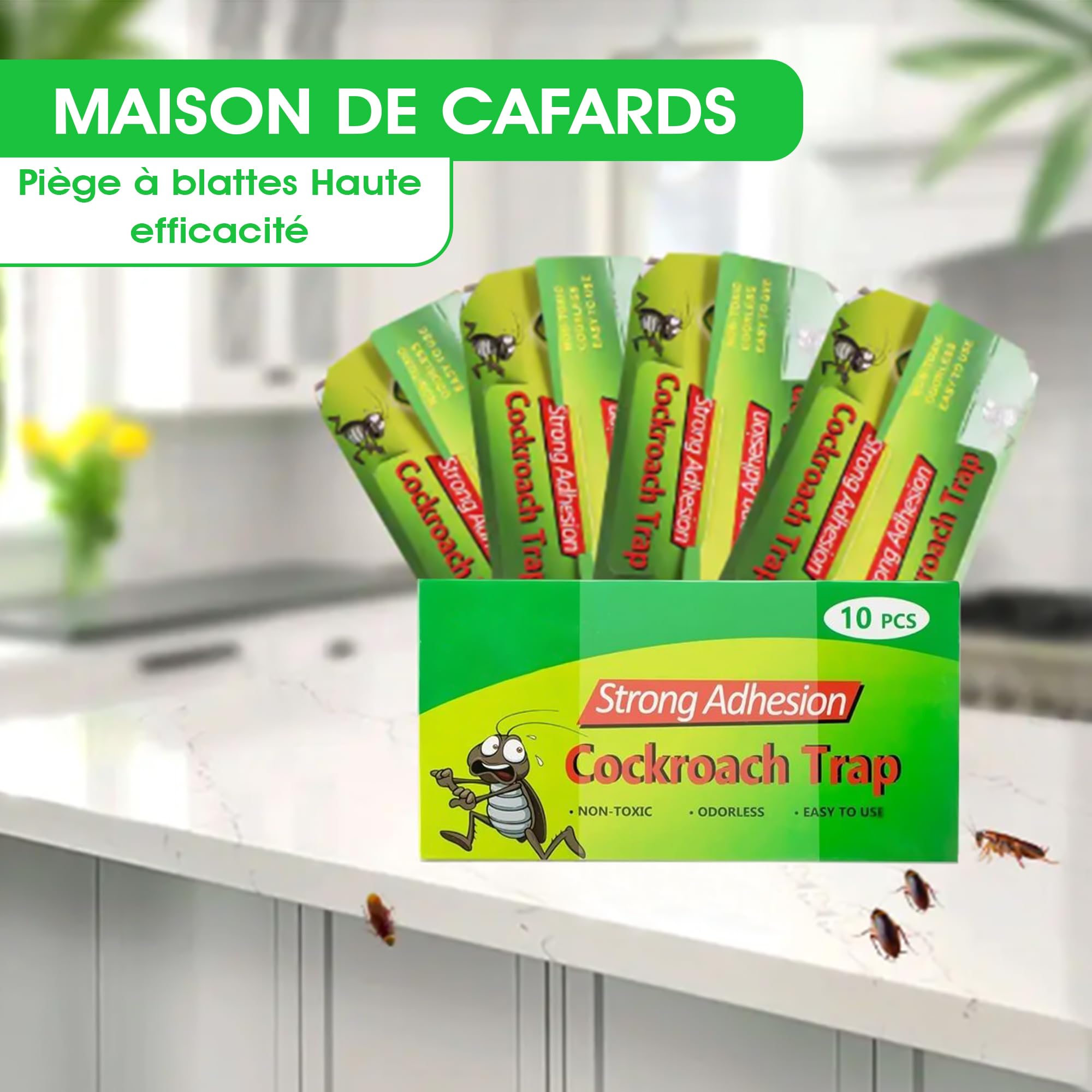 Lot 10 Pièges à Cafards Blattes - Plaques Collantes Extra Fortes Non Toxiques Éco-Responsables Pour Cuisine, Placards, Restaurants Et Maisons