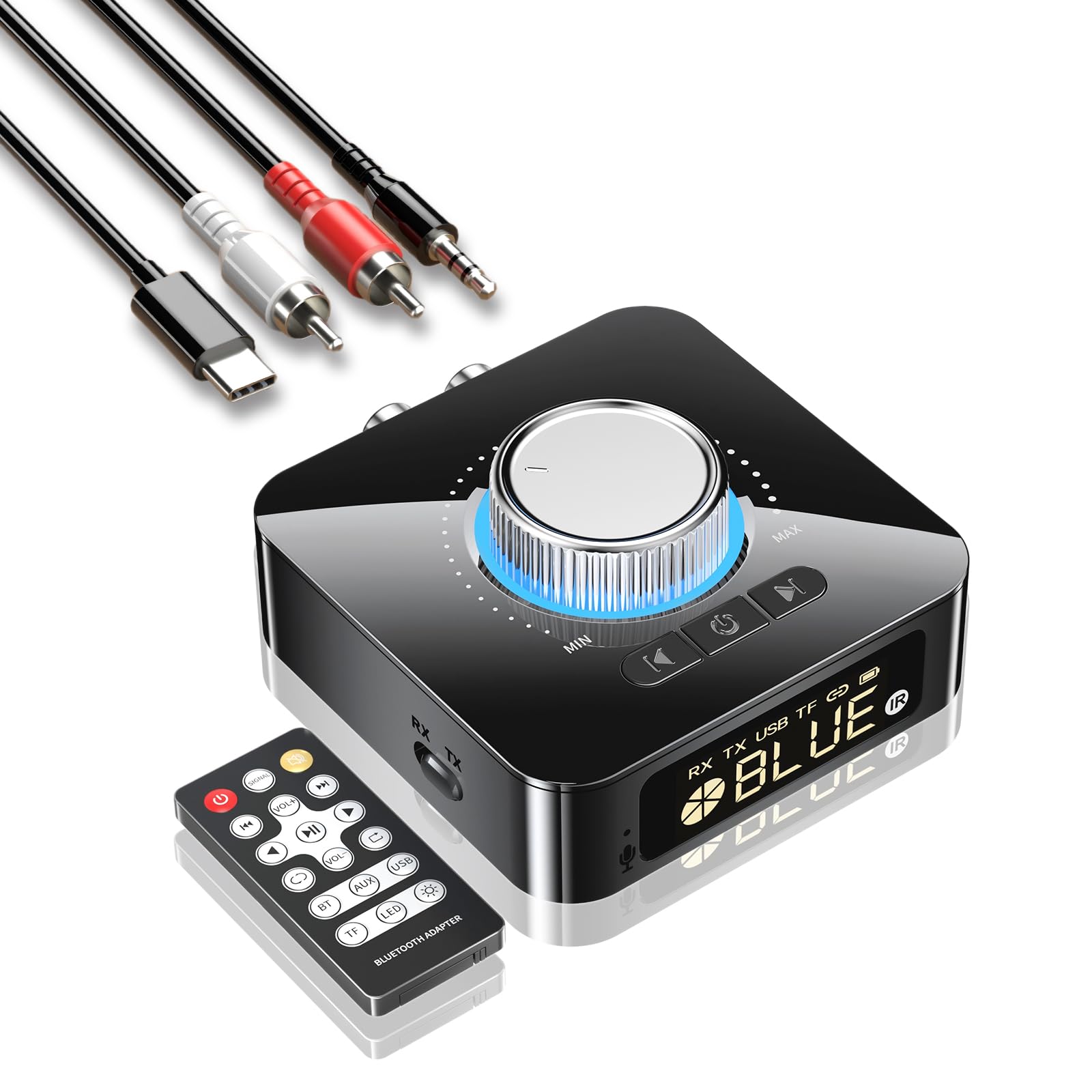 Adaptateur Bluetooth 6.0 HiFi, Émetteur/Récepteur avec Affichage LED, 2RCA/3.5mm AUX, Lecture USB/TF et Appels Mains Libres, Compatible avec Smartphone/Home Cinéma/Voiture/TV/PC/Enceintes