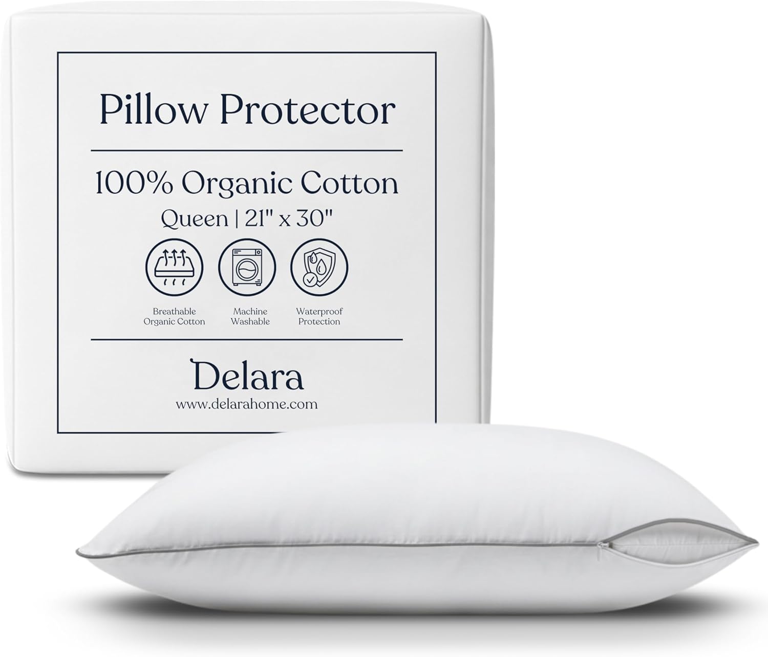 Organic Pillow Protectors GOTS Certified Organic Cotton Fabric with Zipped Closure, Waterproof, Complete Protection, Long Staple Tight Weave Cotton, Ultra Soft, Moisture-Wicking, Breathable