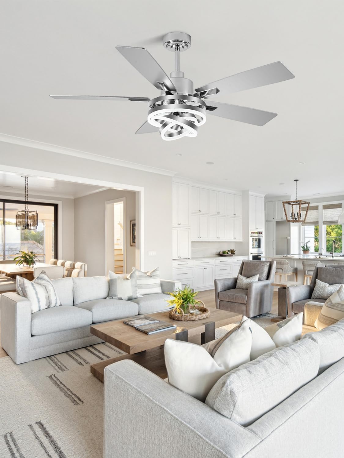 Bella Depot 52" Ceiling Fan with Light, Modern Sliver Chandelier Fan with Remote, Rustic Indoor Fandelier Fan with Silent DC Motor for Living Room Bedroom(Chrome)