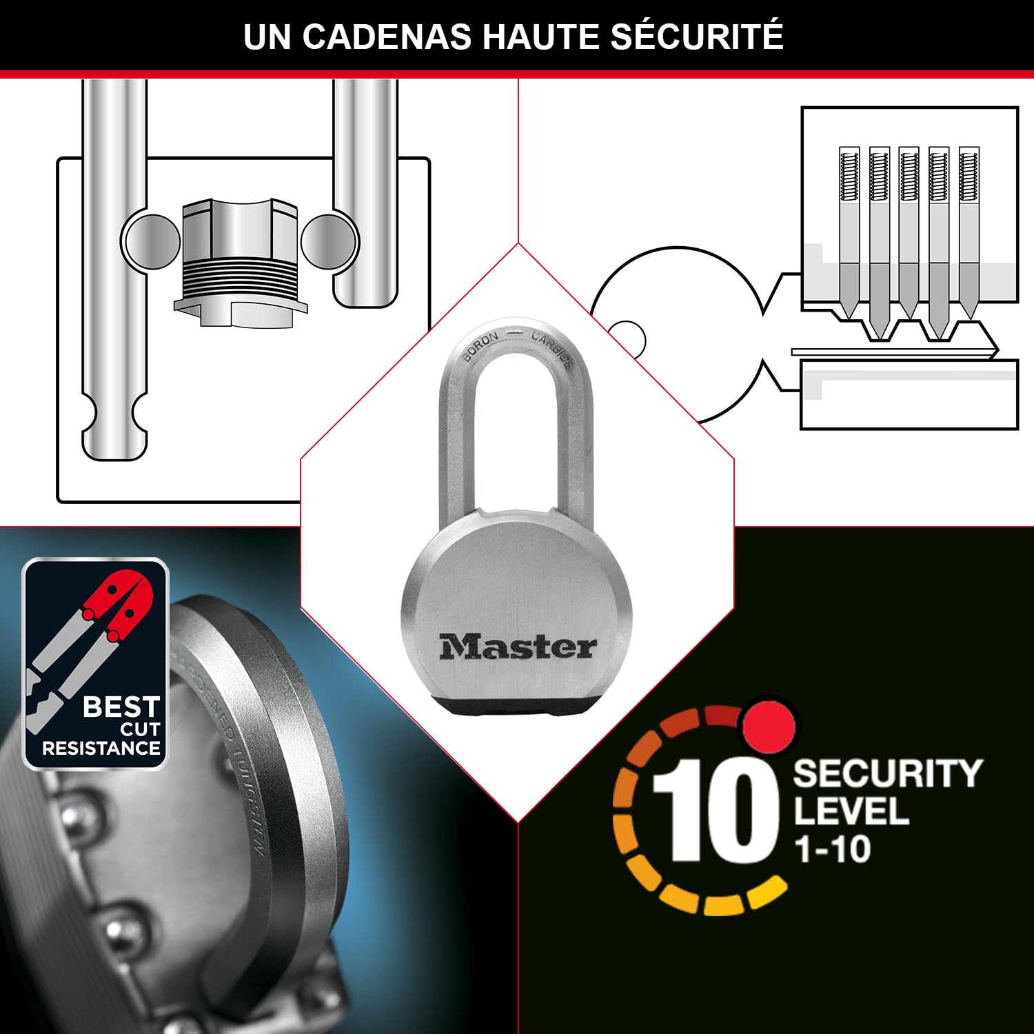 Master Lock Cadenas haute sécurité [A Clé] [Acier Inoxydable] [Anse Longue] [Extérieur] M930EURDLH - idéal pour les espaces de rangement, les Remises, les Garages, les Remorques
