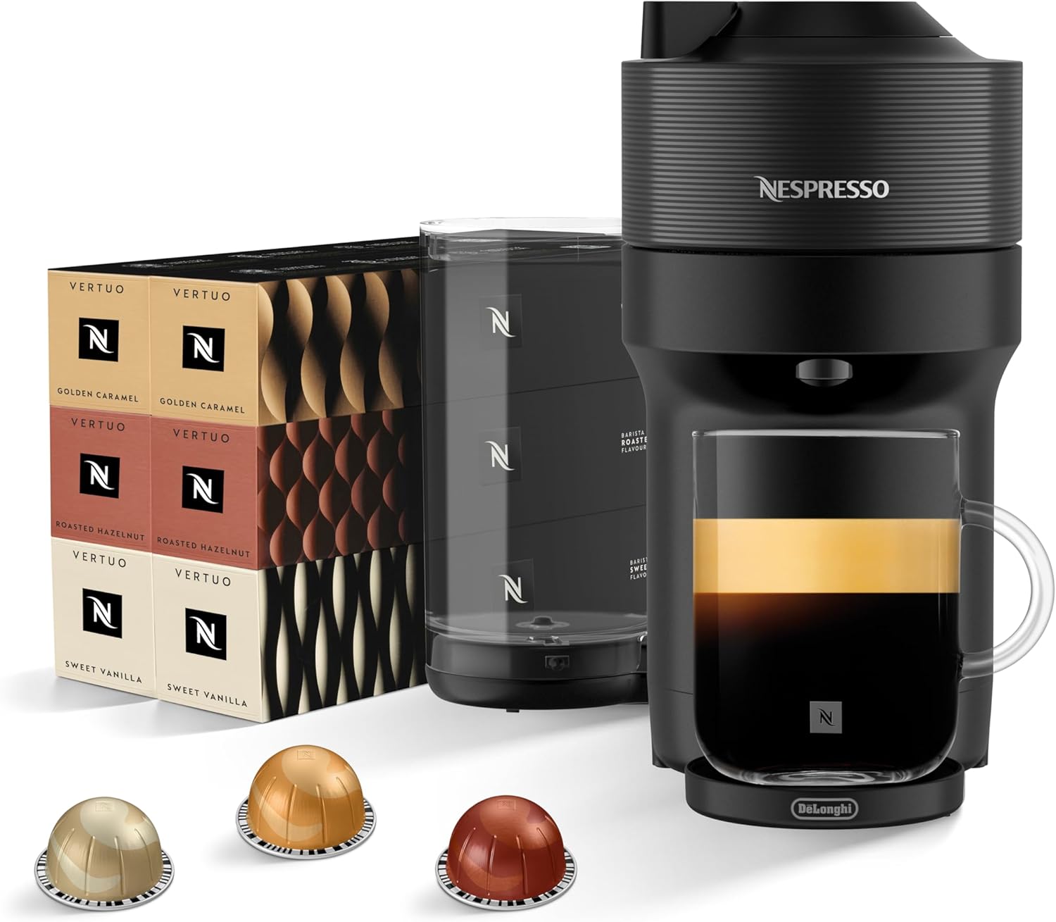 Nespresso Vertuo Pop+ Single Serve Coffee and Espresso Machine by De'Longhi, Liquorice Black & Nespresso Vertuo Pods, Flavoured coffee Mixed Pack of 60 capsules