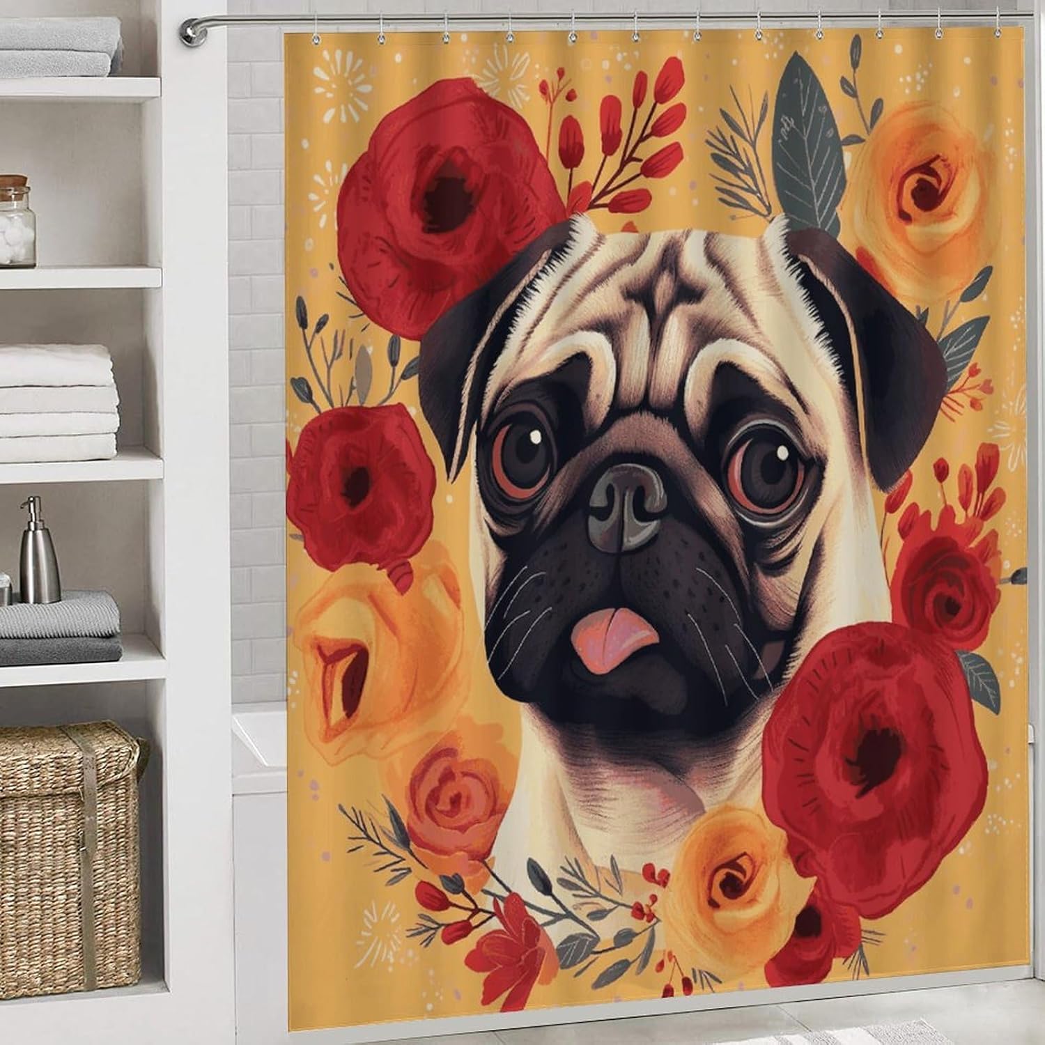 Pug Flower Shower Curtains Set 4 Piece with Non-Slip Rugs, Toilet Lid Cover and Bath Mat Soft Bathroom Carpet Waterproof Bathroom Curtain with 12 Hooks for Bathroom Decor