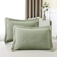 WINLIFE 100% Cotton Quilted Pillow Shams Sage Green Floral Embroidered Standard 20x26 Inch Set of 2