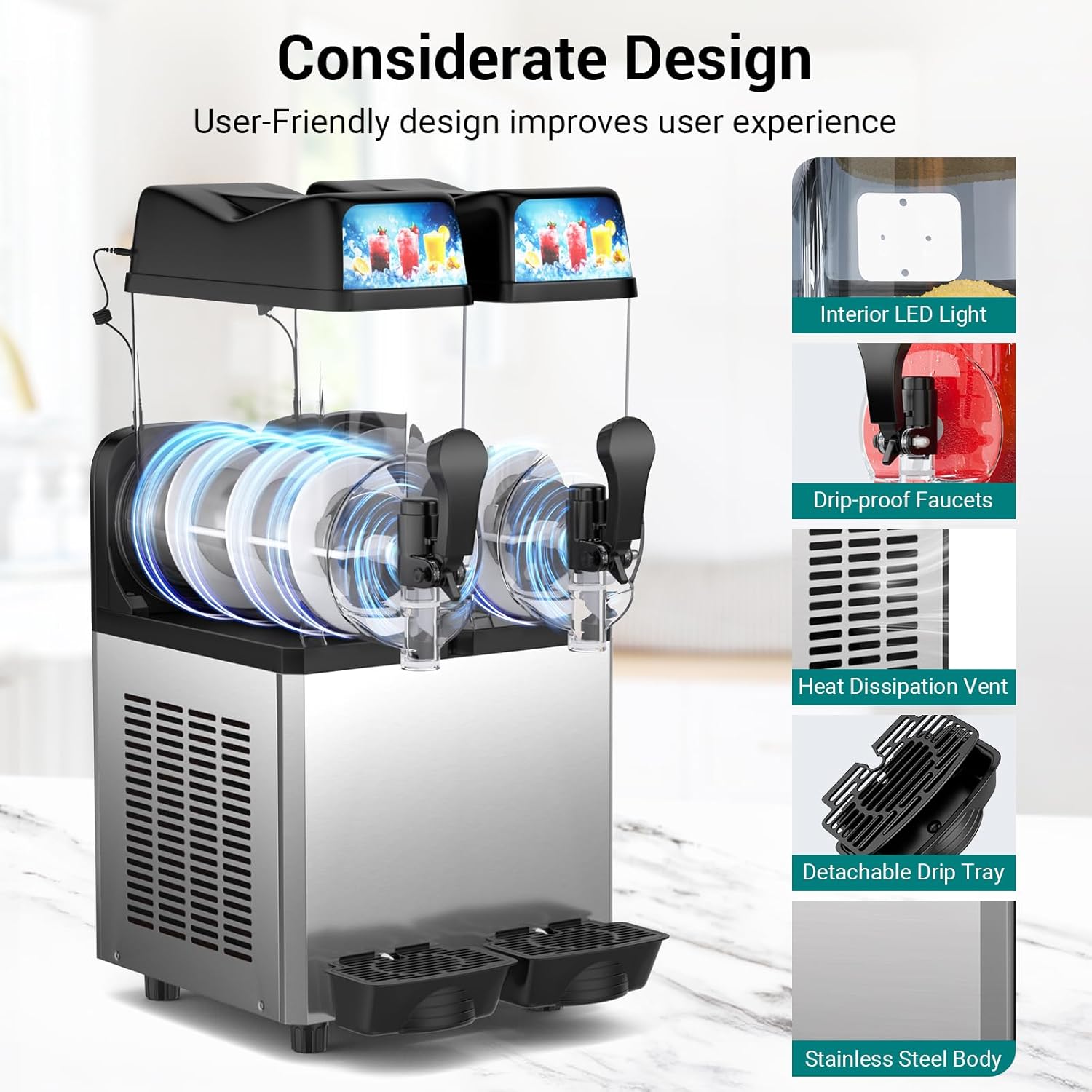 Considerate design features of the slushy machine including LED lights and drip tray