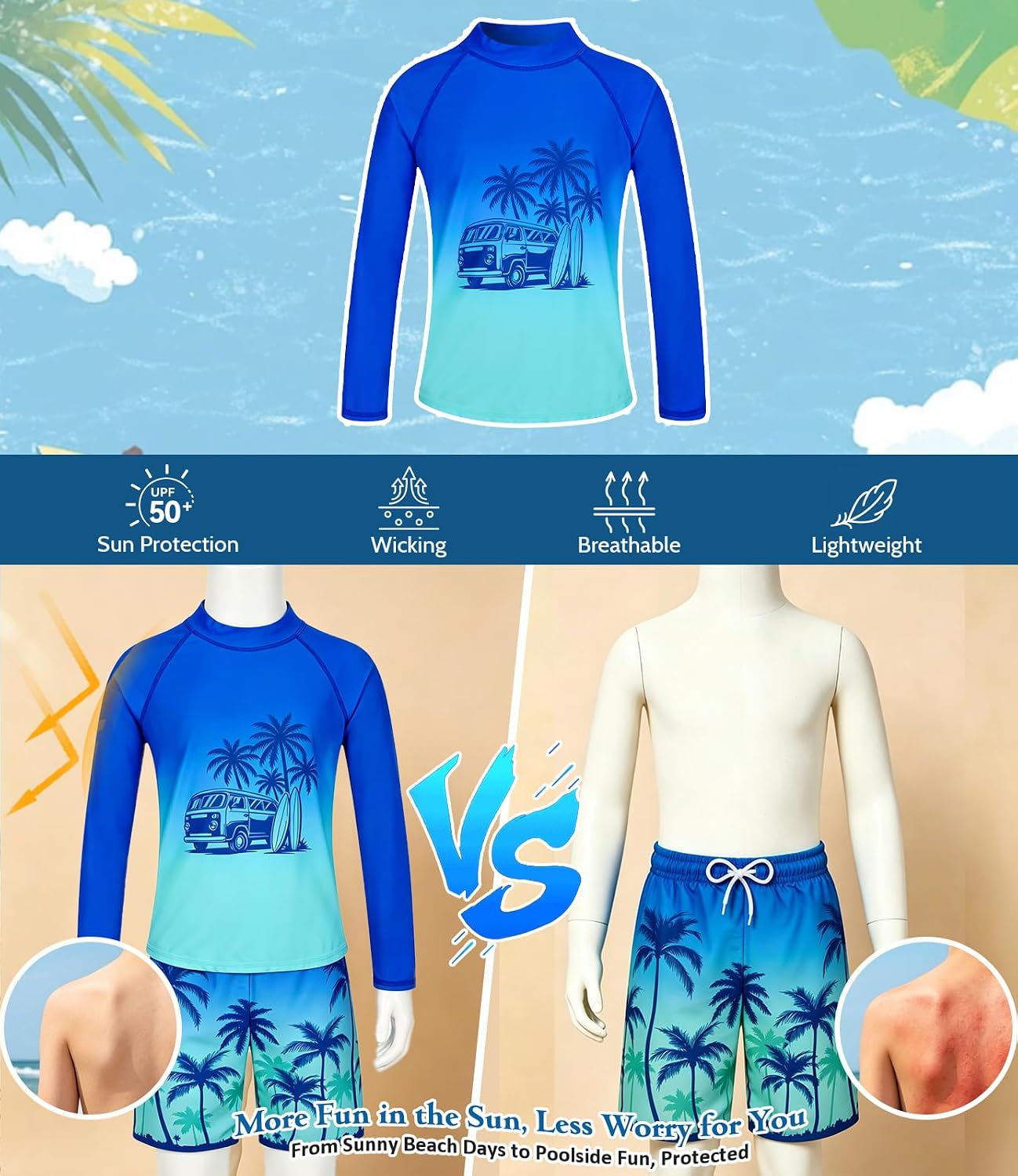 UNIFACO Boys UPF 50+ Rash Guard Swim Set Long Sleeve Quick Dry Bathing Suit Swim Shirt Trunks for Beach Pool Surfing 7-14T