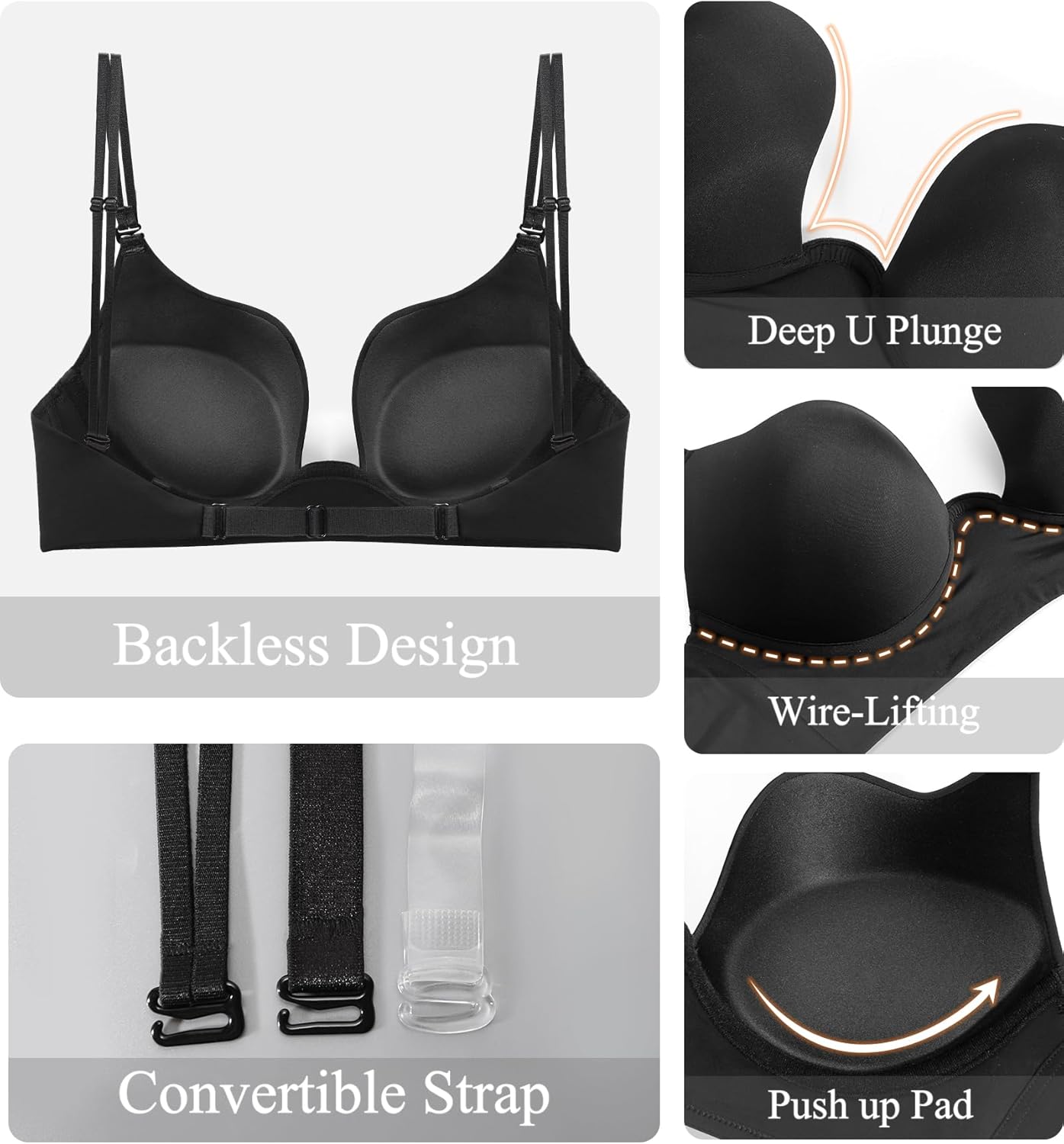 DotVol Women's Backless Multiway Convertible Low Cut Push Up Underwire Bra - Image 6