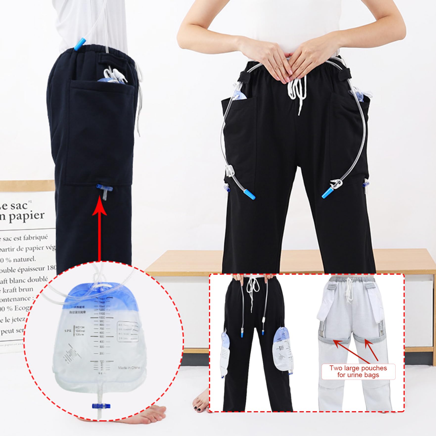 Borsa da gamba per catetere, per uomo/donna, con 2 tasche laterali con cerniera, per nefrostomia, cistostomia, enterostomia