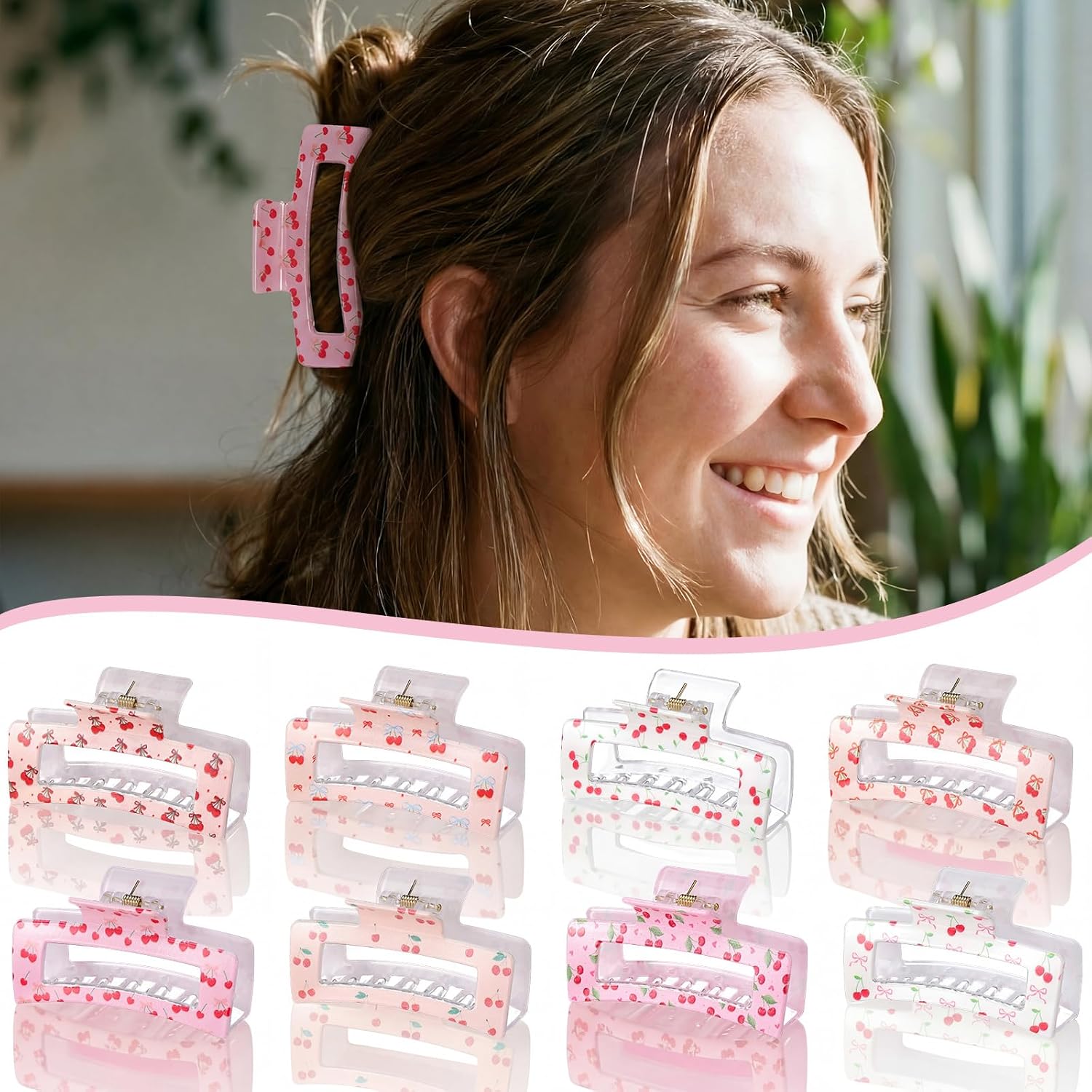 8 Pcs Bow Cherry Hair Claw Clips for Women Cute Pink Bow Preppy Trendy Rectangle Banana Hair Clips Nonslip Thin Thick Long Curly Accessories Birthday Coquette Bachelorette Wedding Gift (Cherry)