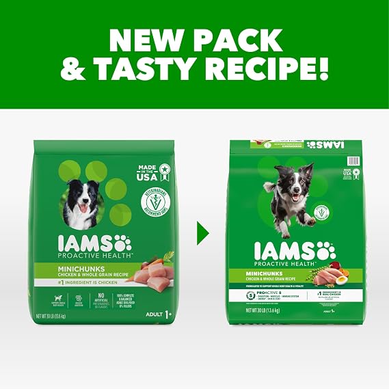 IAMS Proactive Health Adult Minichunks Dry Dog Food, Chicken, 30 lb | Real chicken #1 ingredient, no fillers, natural fiber & prebiotics, Omega-6 fatty acids, antioxidants for immune support