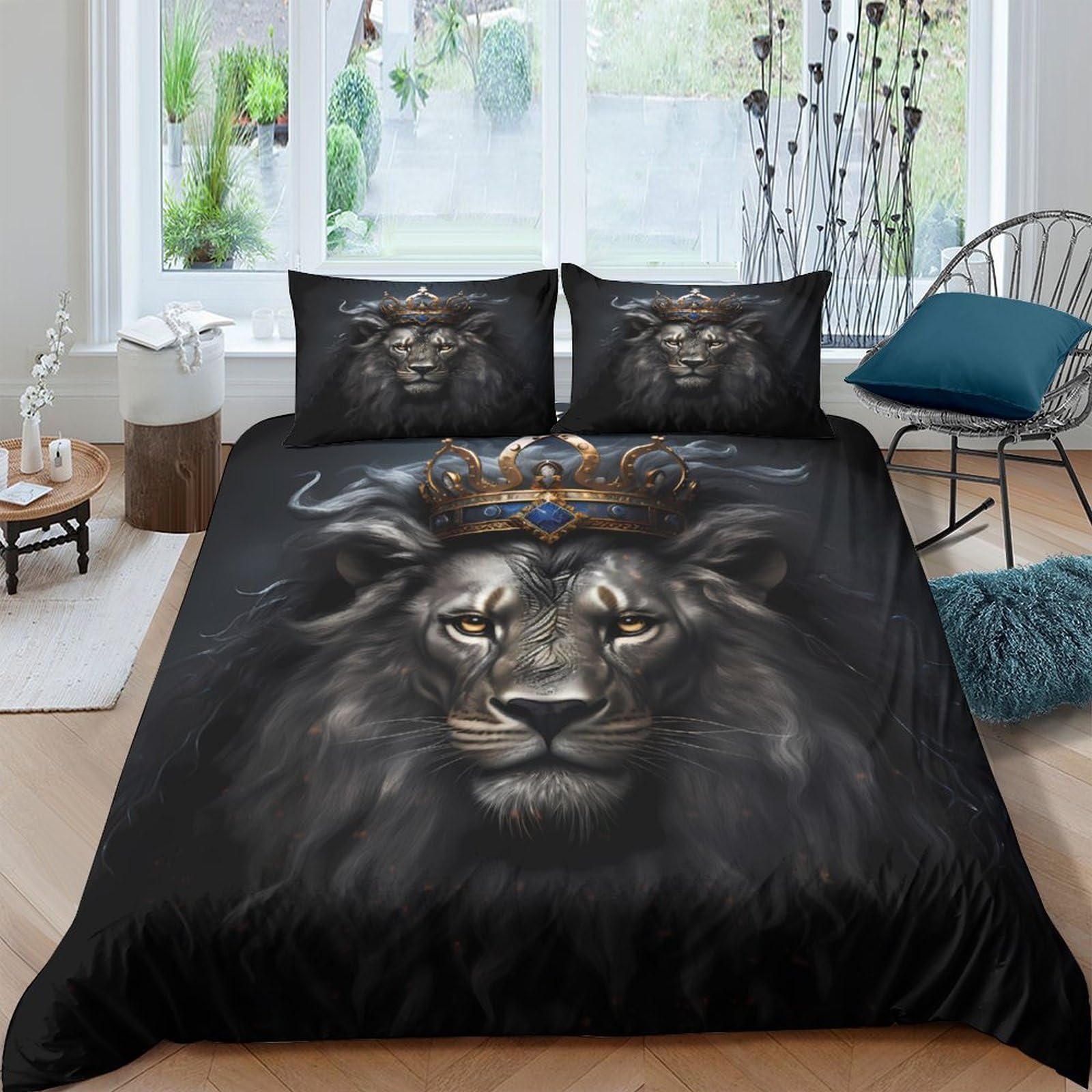 Ctjqhvkz Style-4 3D Printed Black Lion King Fitted Sheet Microfiber Soft Non-Slip Crown Art Mattress Cover Bedroom Decor Single（135X200cm）