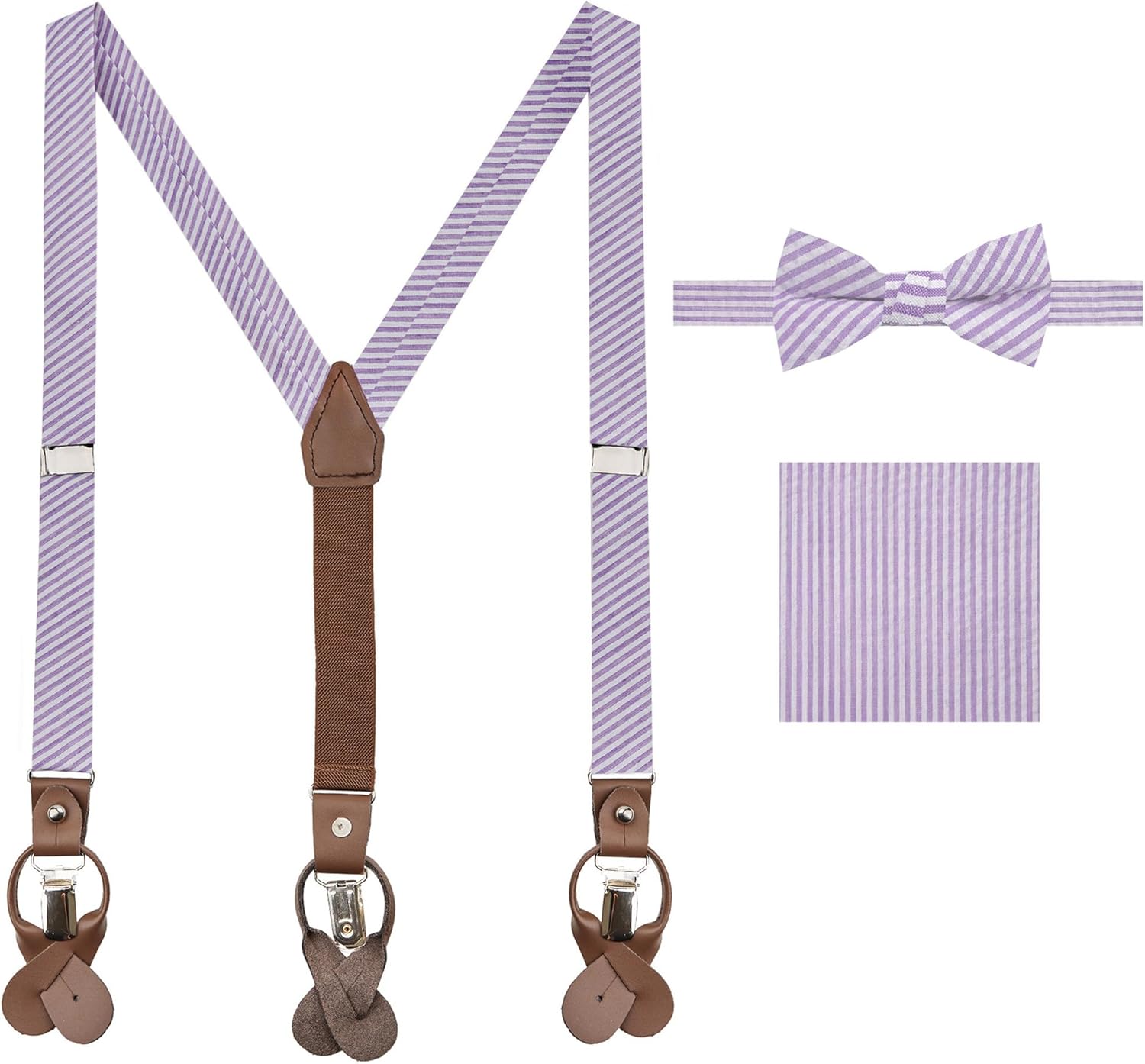 Jacob Alexander Boys' Seersucker Suspenders Pre-Tied Banded Bow Tie and Pocket Square Set