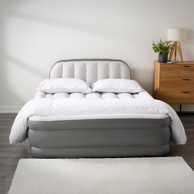 LIVIVO Deluxe Flocked Air Bed Mattress  Portable Inflatable Queen Airbed with Headboard Backrest And Built-In Electric Pump, Elevated, Raised & Structured Air Coil Technology