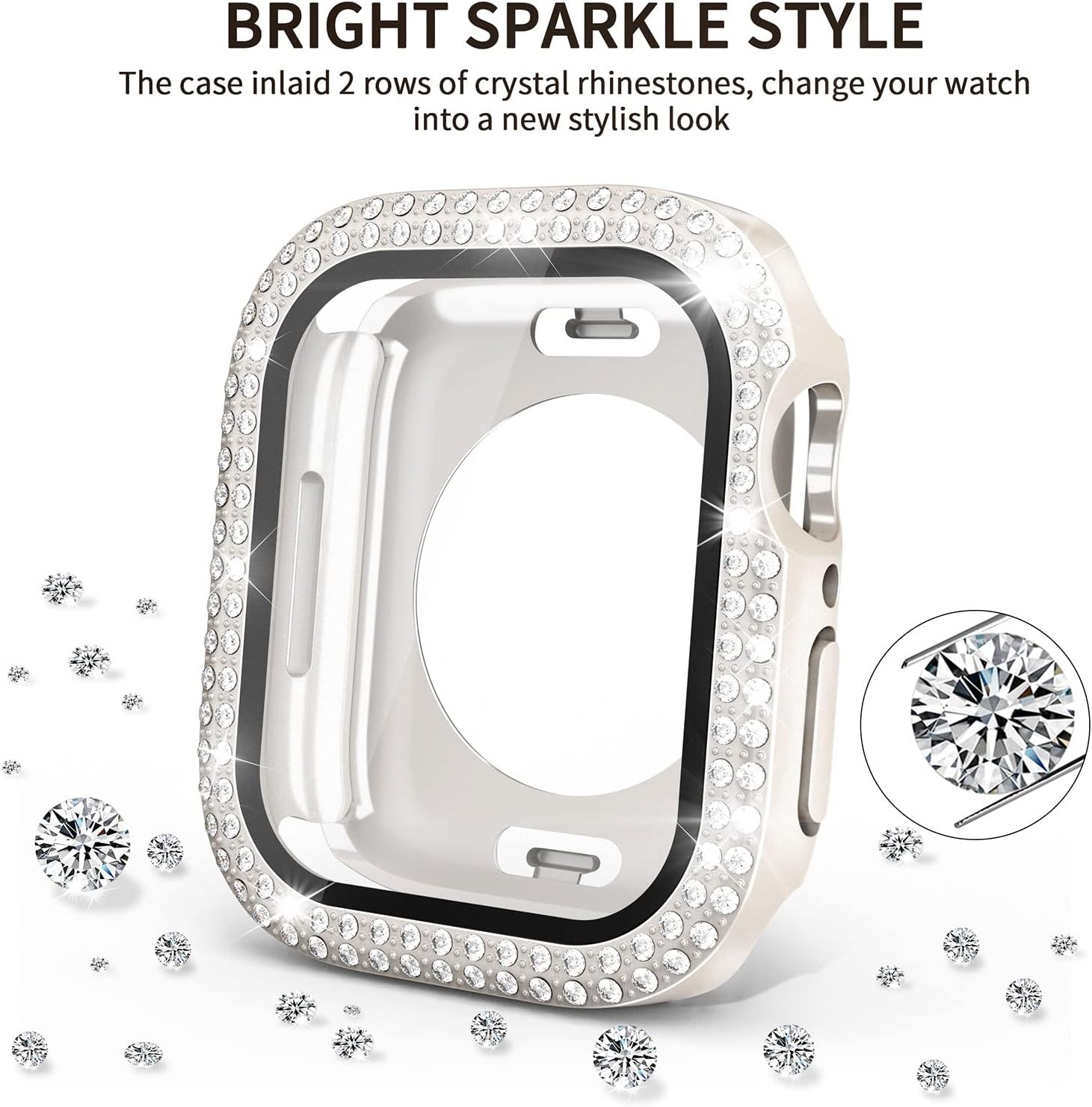 2 in 1 Waterproof Bling Case Compatible for Apple Watch 41mm Screen Protector Series 9/8/7, Women Glitter Diamond Rhinestone Bumper Face Cover for iWatch Accessories, Starlight image 4