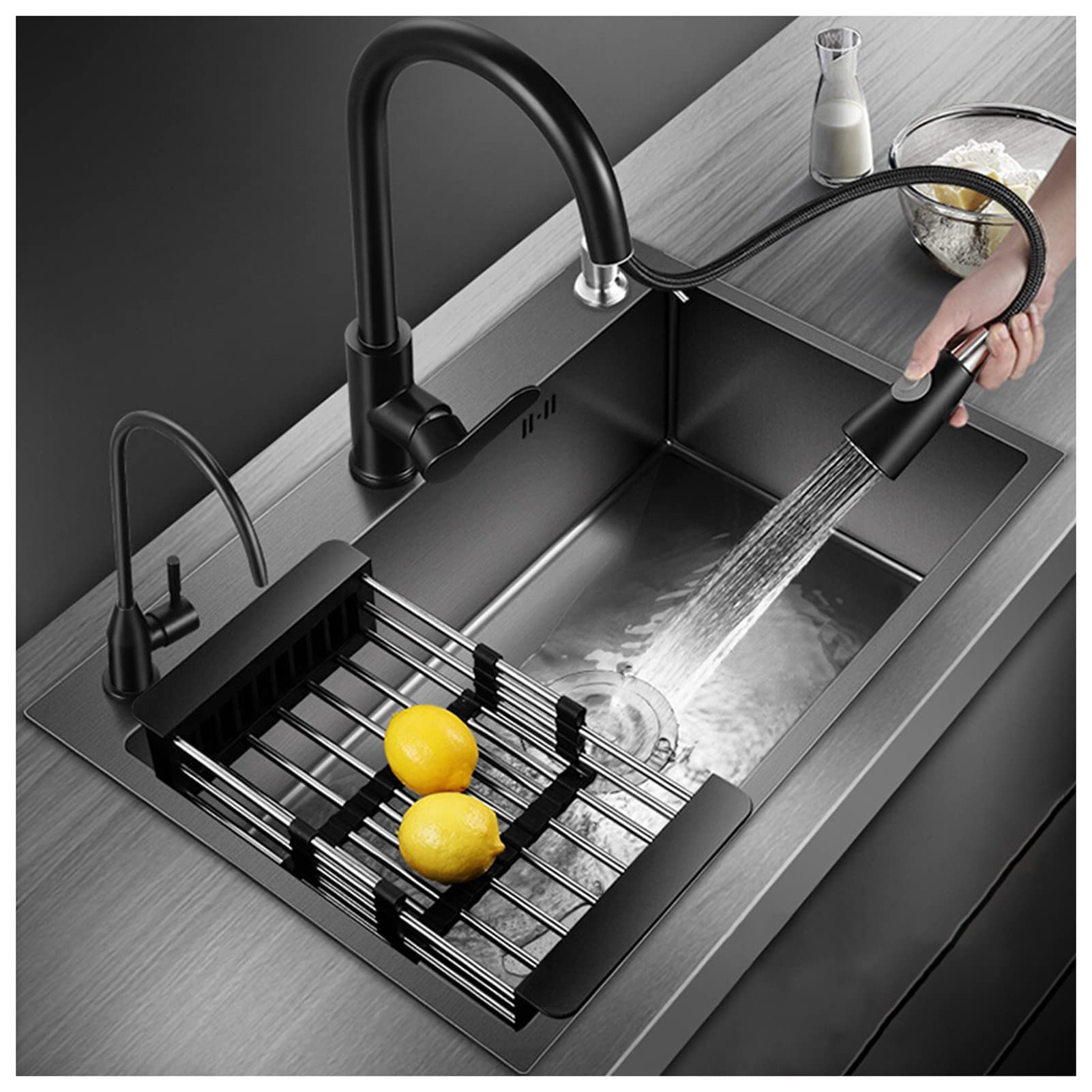 CSXSXAUO Black 304 Stainless Steel Single Bowl Kitchen Sink 55x45x20cm with Pull Down Faucet and Drain Perfect for Home RVs Top/Undermount Installation.