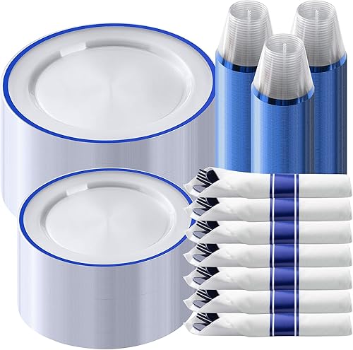 Miniatura 9 de Goodluck Juego de 350 piezas de vajilla de plástico negro para fiesta, platos desechables transparentes para 50 invitados, incluye: 50 platos de