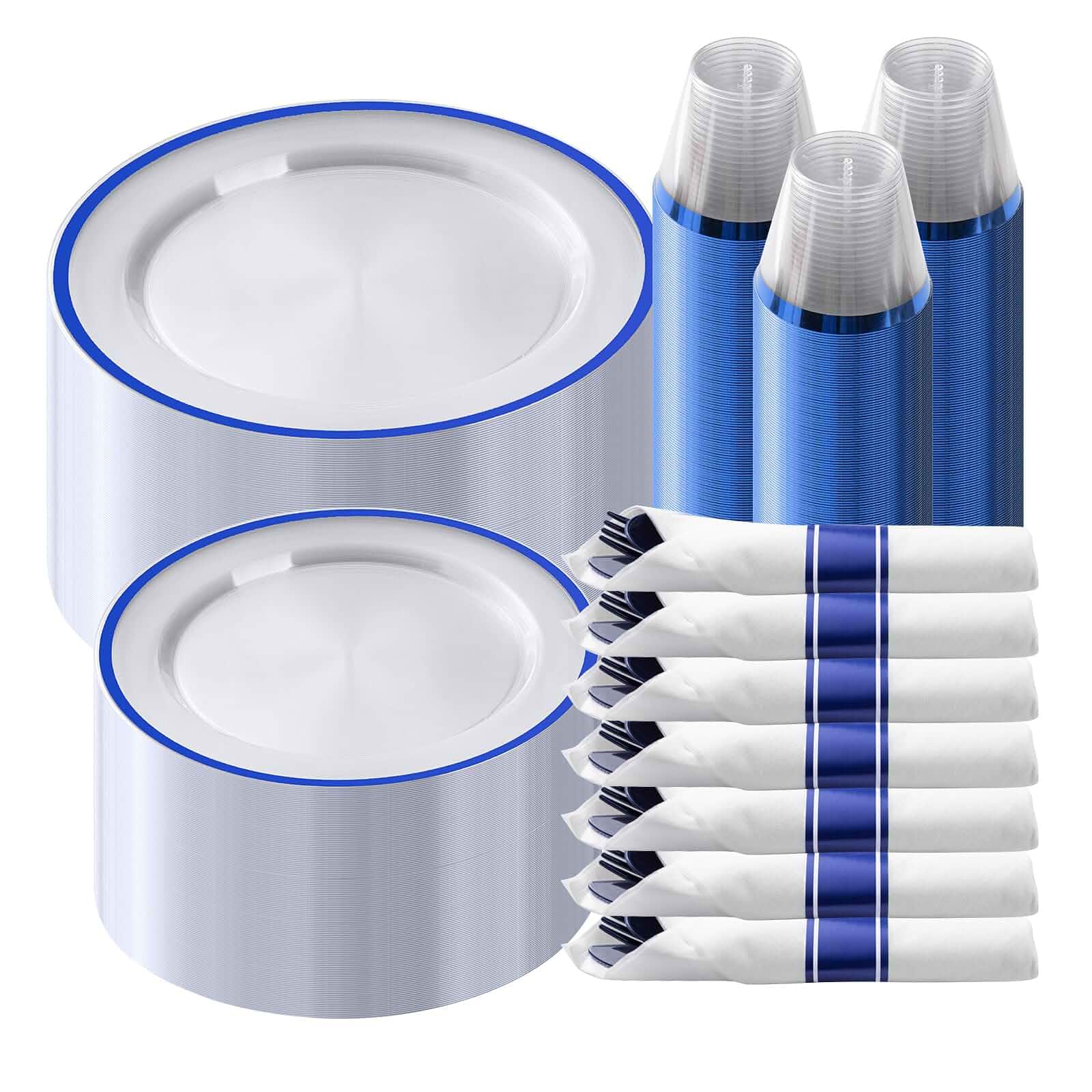 Goodluck 350 Pcs Clear Blue Plastic Plates Disposable for Party 50 Guests Party Supplies Includes 100 Plates, 50 Pre Rolled Napkins with Cutlery Set, 50 Cups, for Graduation, Birthday, Christmas