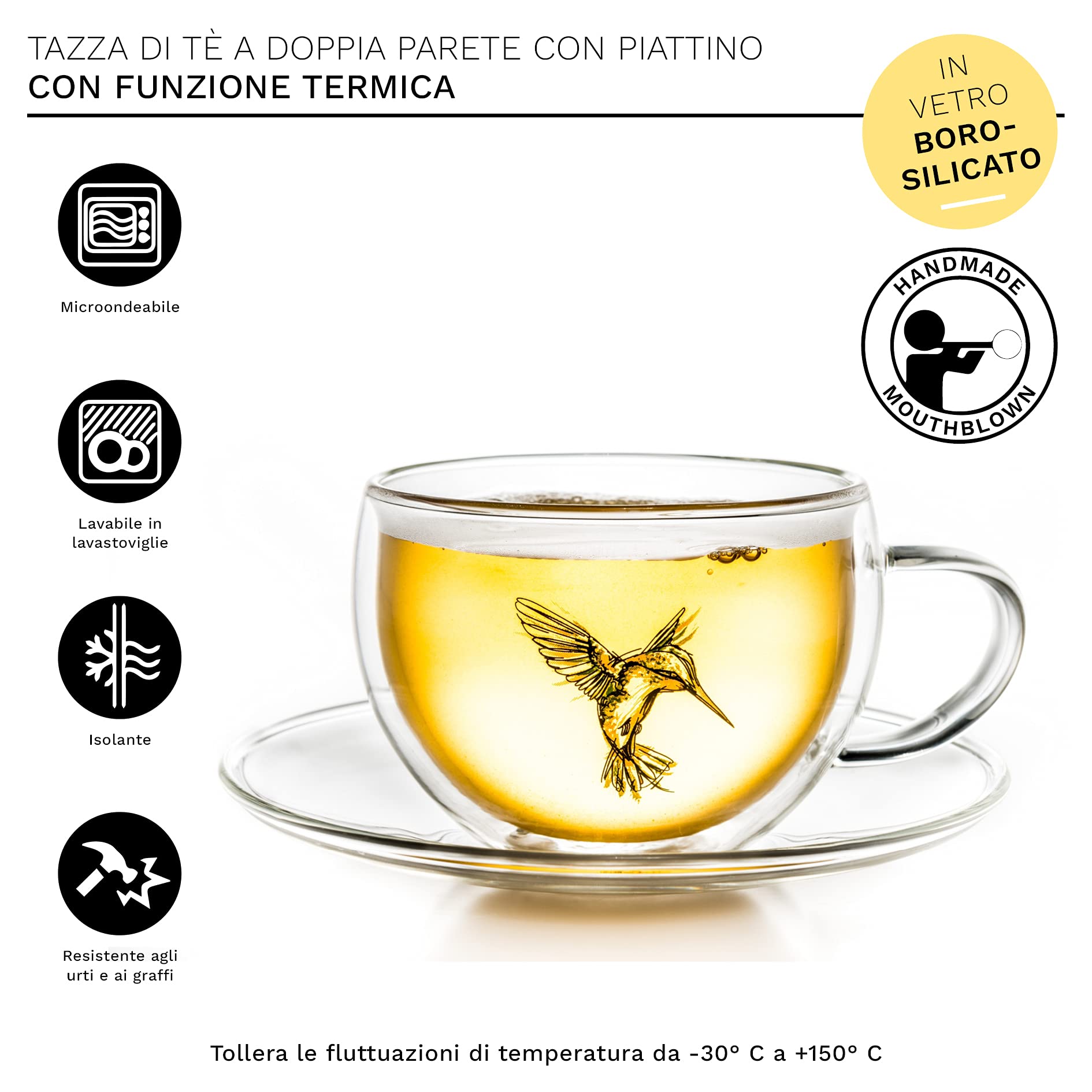 Set 2 Tazze In Vetro Con Sottovaso - 200ml/250ml Per Tè E Caffè, Trasparenti Ed Eleganti - Foto 3