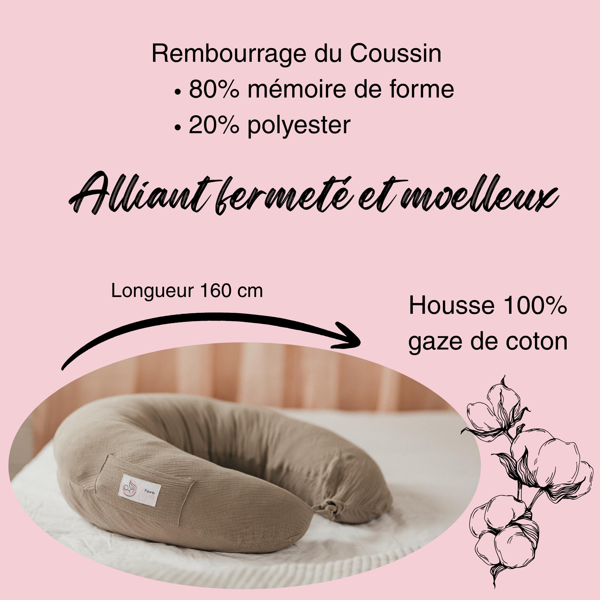 Mama Lova | Coussin de Grossesse et Coussin Allaitement Mémoire de Forme – Oreiller Ergonomique Gaze de Coton avec Housse de Rechange, Pochette & Sac. Cadeau Femme Enceinte, Coussin d’Allaitement