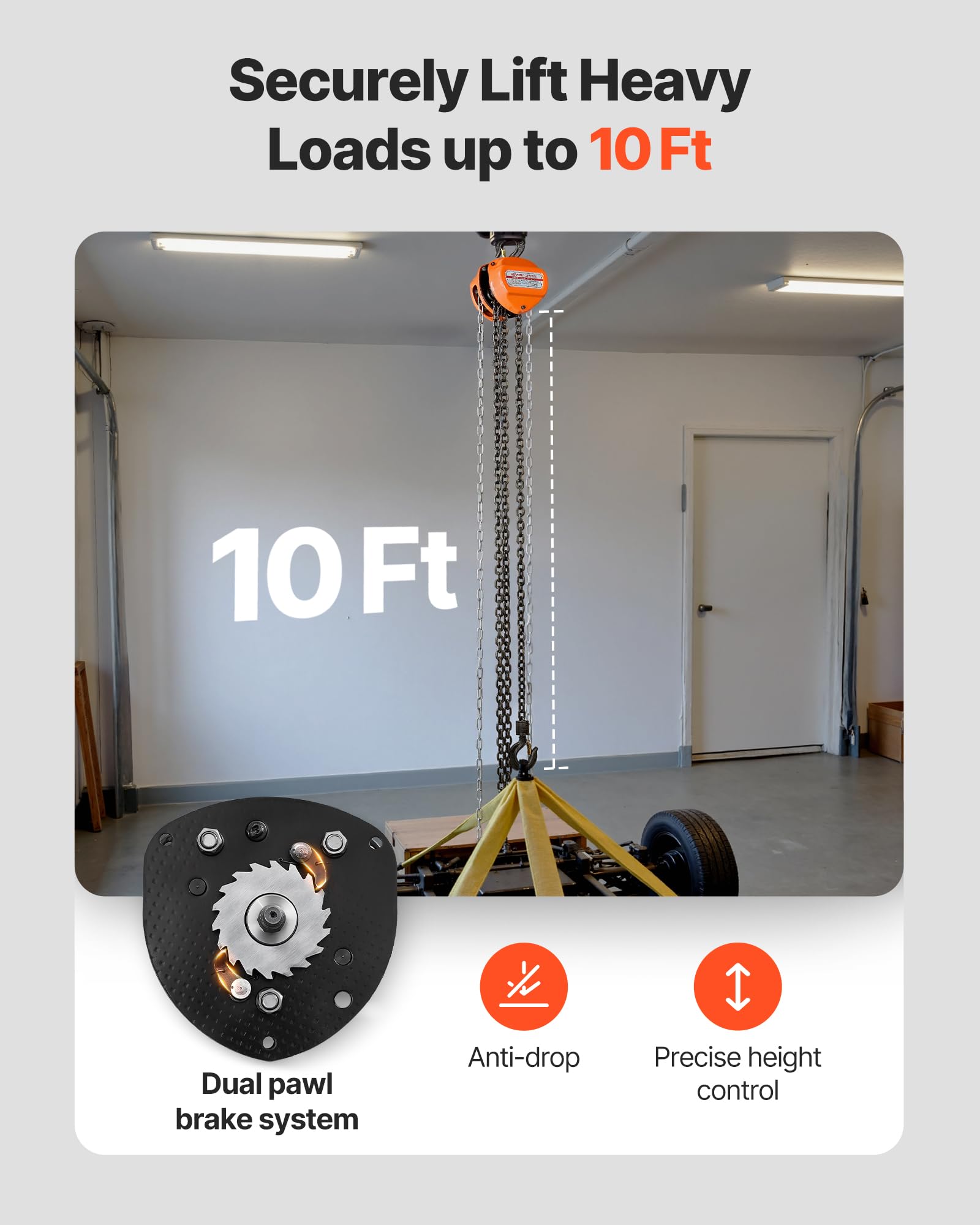VEVOR Palan Manuel à Chaîne, Capacité Charge 0,5 T, Hauteur de Levage 3 m, avec Crochet Robuste, Chaîne G80, Système de Frein à Double Cliquet, Levage de Marchandise pour Garages, Chantiers, Entrepôts