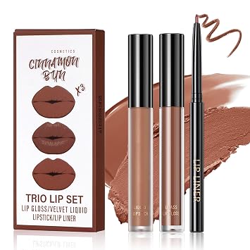 Brown Lip Gloss Lip Liner and Lipstick Combo,3 in 1 Non-Stick Cup Brown Lip Stain Long Lasting Waterproof Liquid Lipstick,Moisturizing Lip Kit for WomenWhiskey Honey