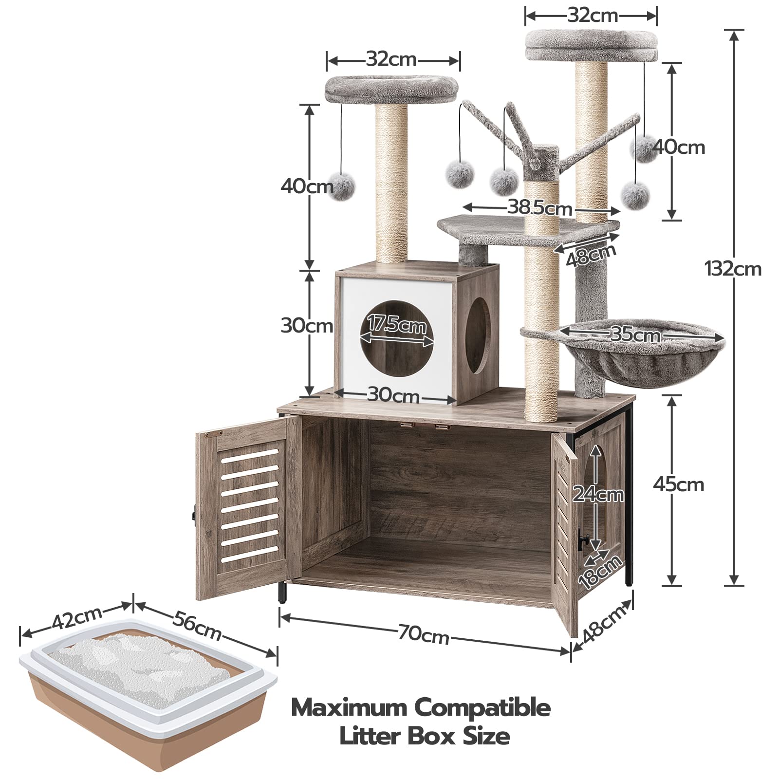 HOOBRO Kratzbaum mit katzenklo Schrank, katzenbaumTurm, All-in-One-Katzenmöbel für drinnen, versteckte Katzentoilettenmöbel, 132 cm, Abnehmbare Plüschball-Stangen, Greige EBG14MZ03