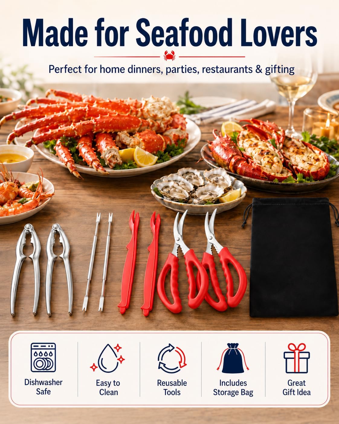 Seafood Tools Set, Crab Crackers, Forks, Scissors & Shellers, 9Pc