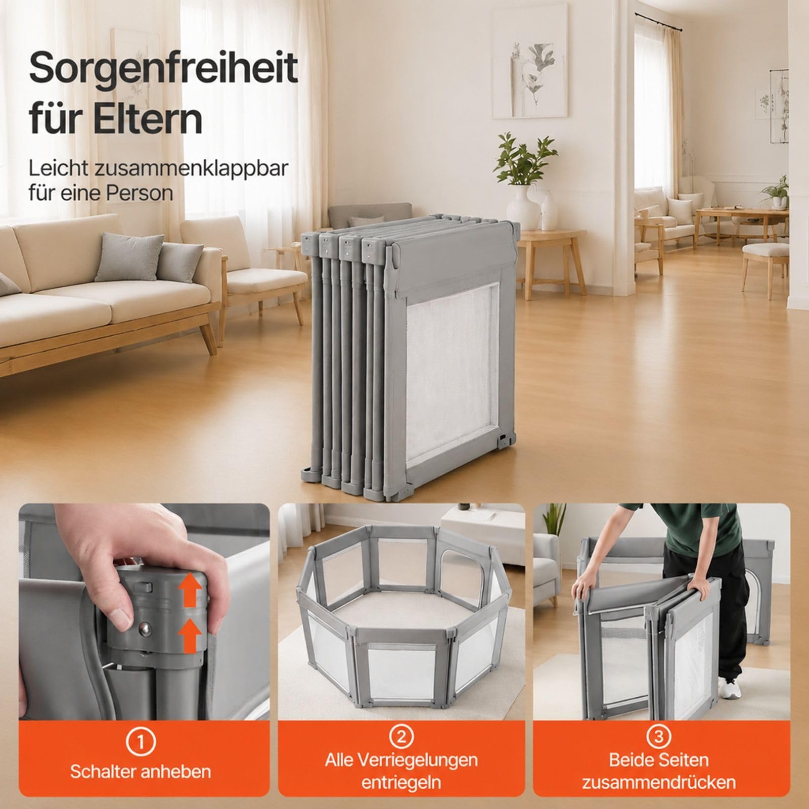 Faltbarer modularer Laufstall mit Reißverschlusstür und Netz, Spielbereich für Innen- und Außenbereich
